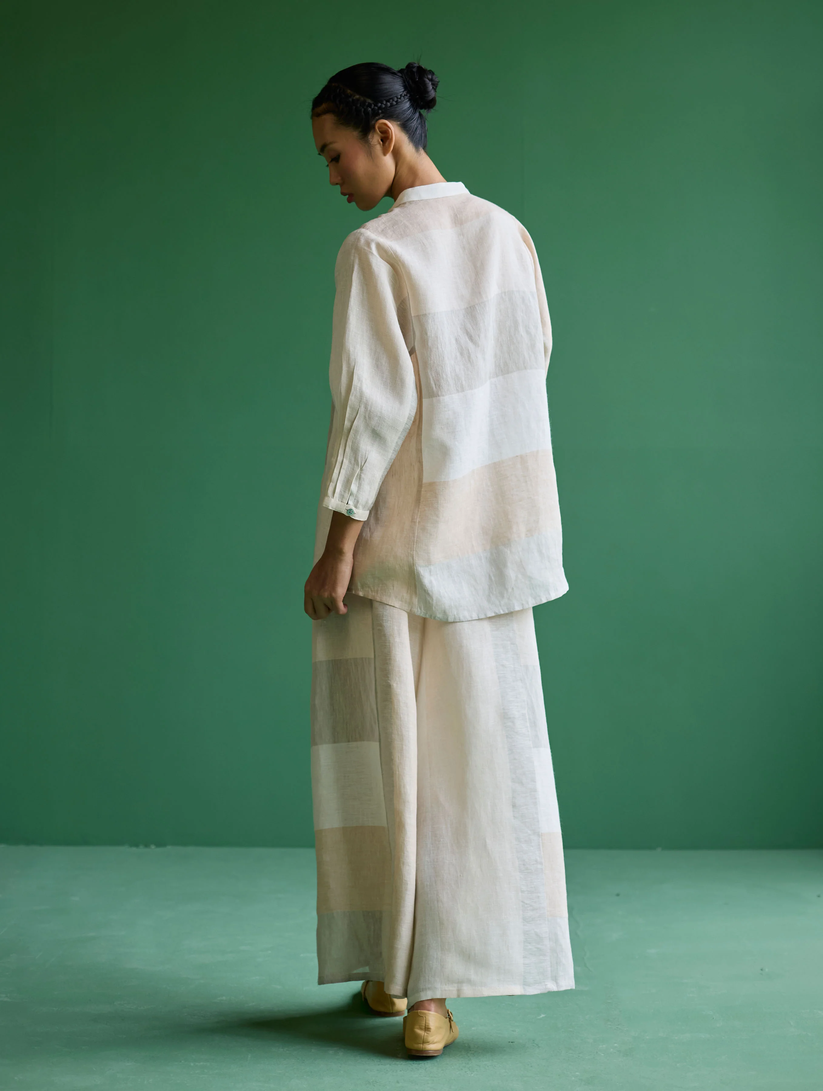 Izara Stripe Patchwork Linen Shirt - Ivory - Image 8
