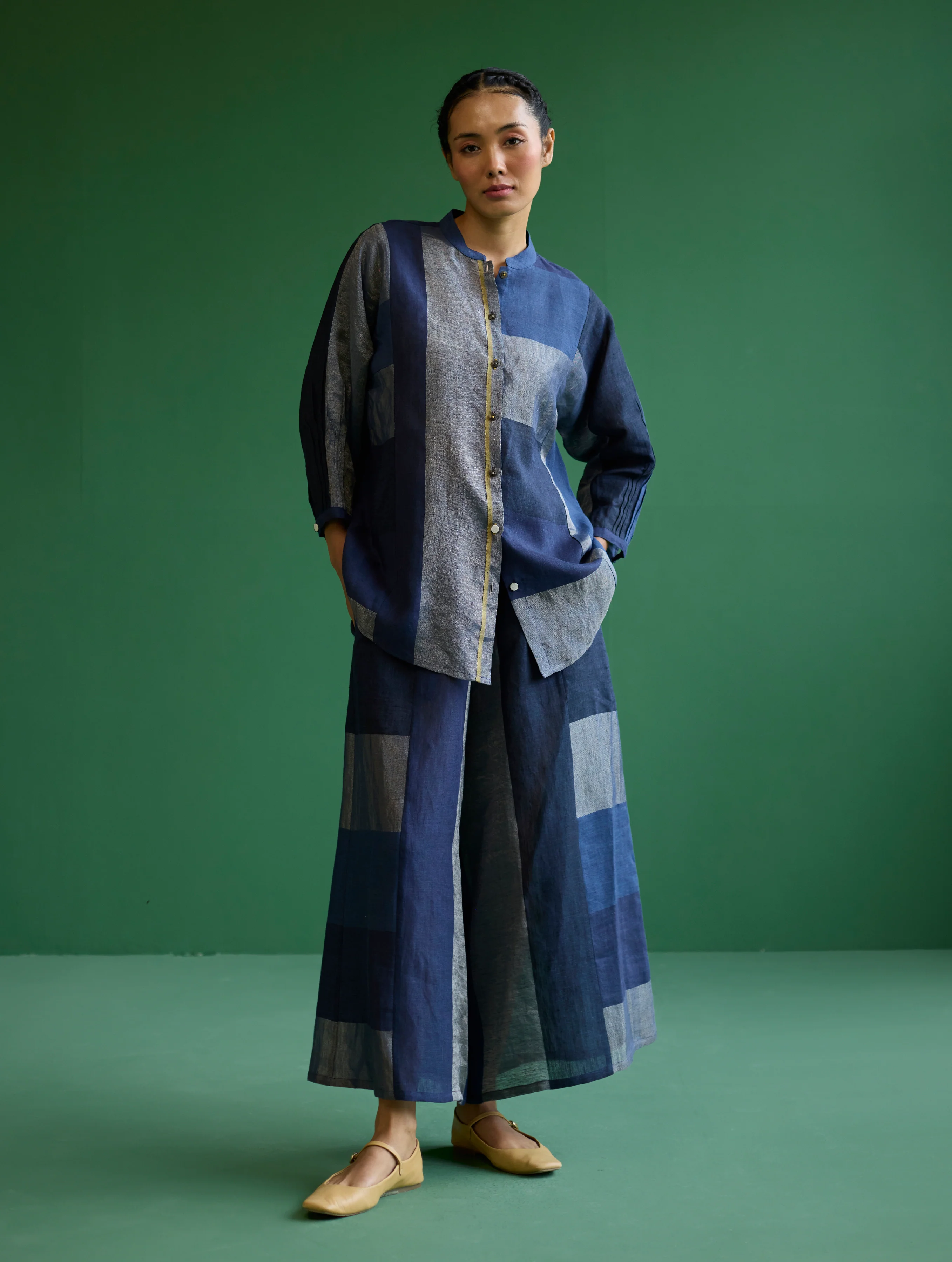Izara Stripe Patchwork Linen Shirt - Navy - Image 7