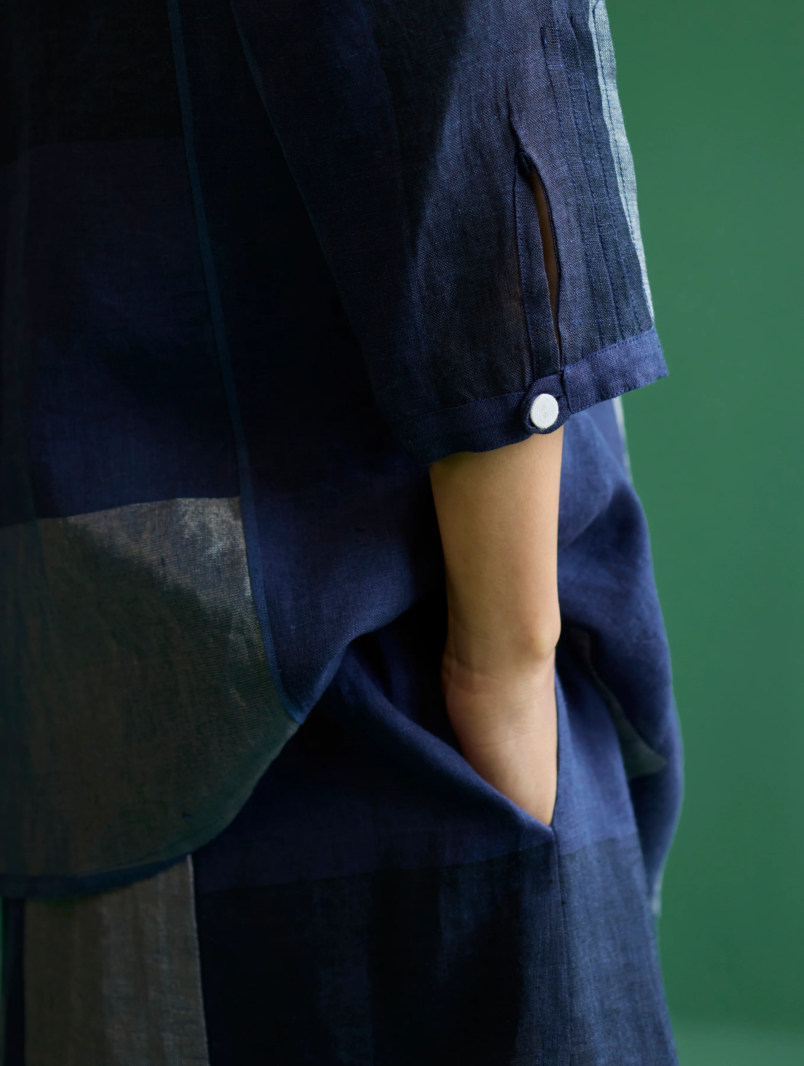 Izara Stripe Patchwork Linen Shirt - Navy - Image 9