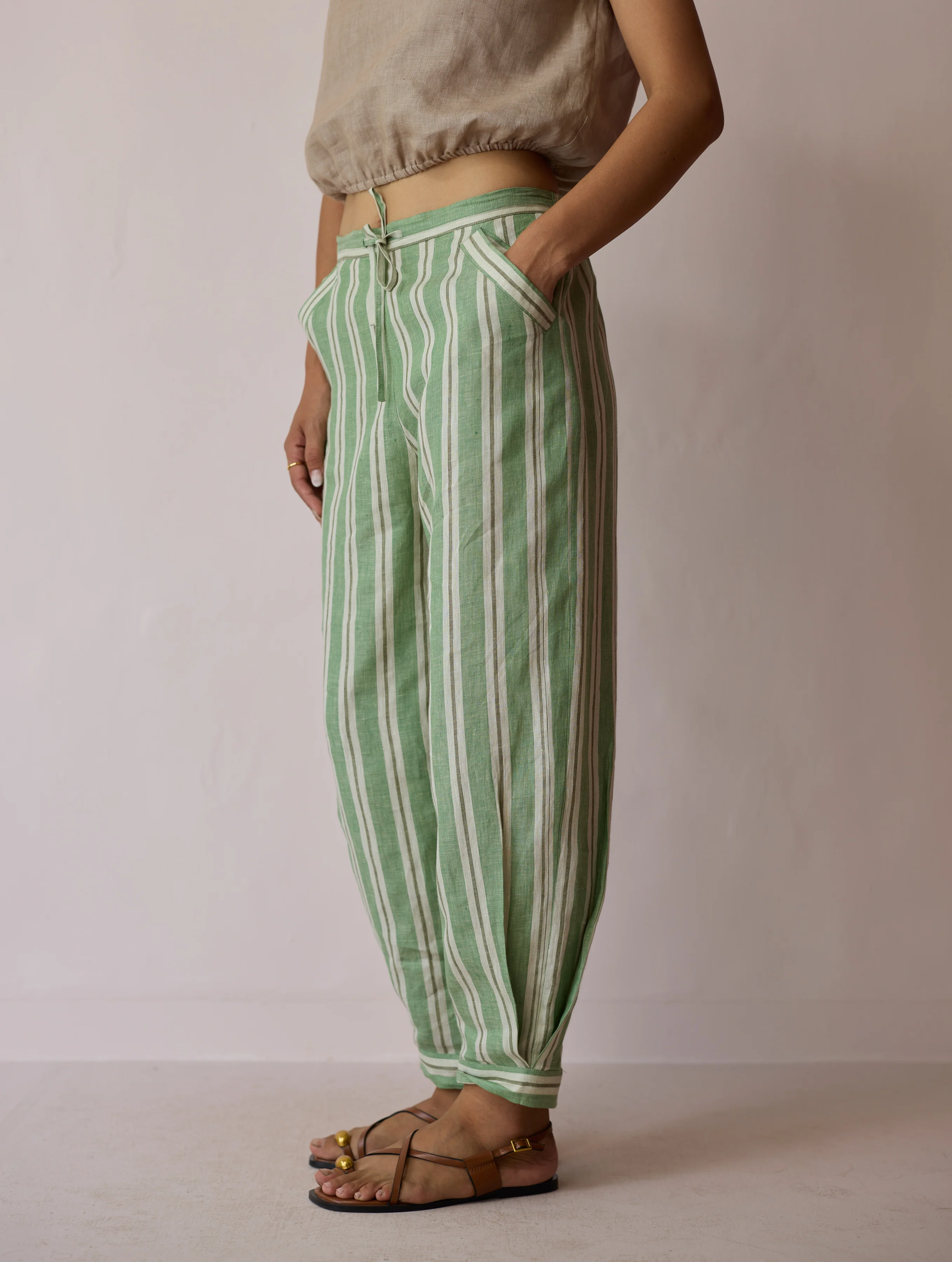 Joana Patchwork Stripe Linen Kurta Sets - Fern - Image 14