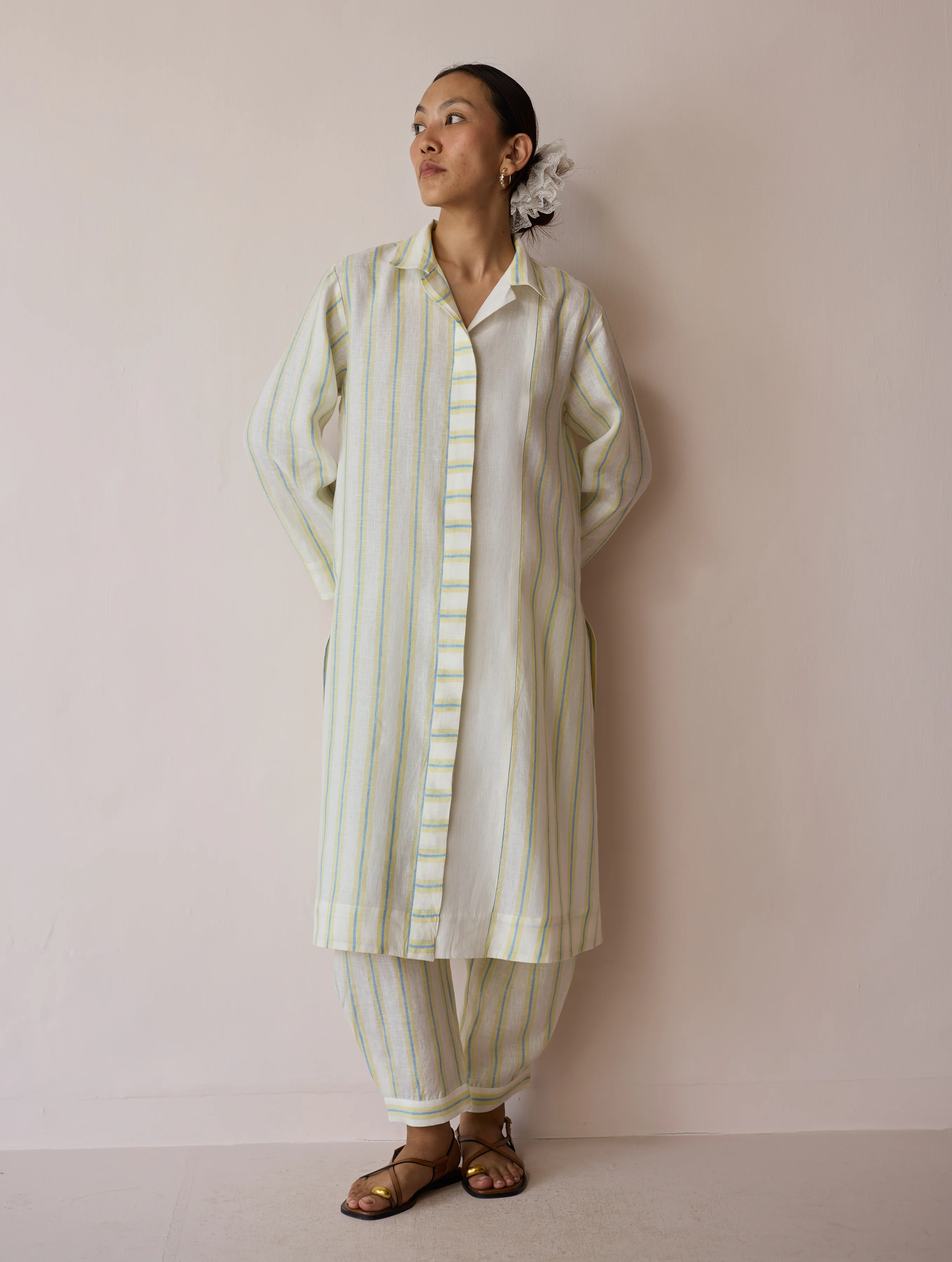 Joana Patchwork Stripe Linen Kurta Sets - Ivory