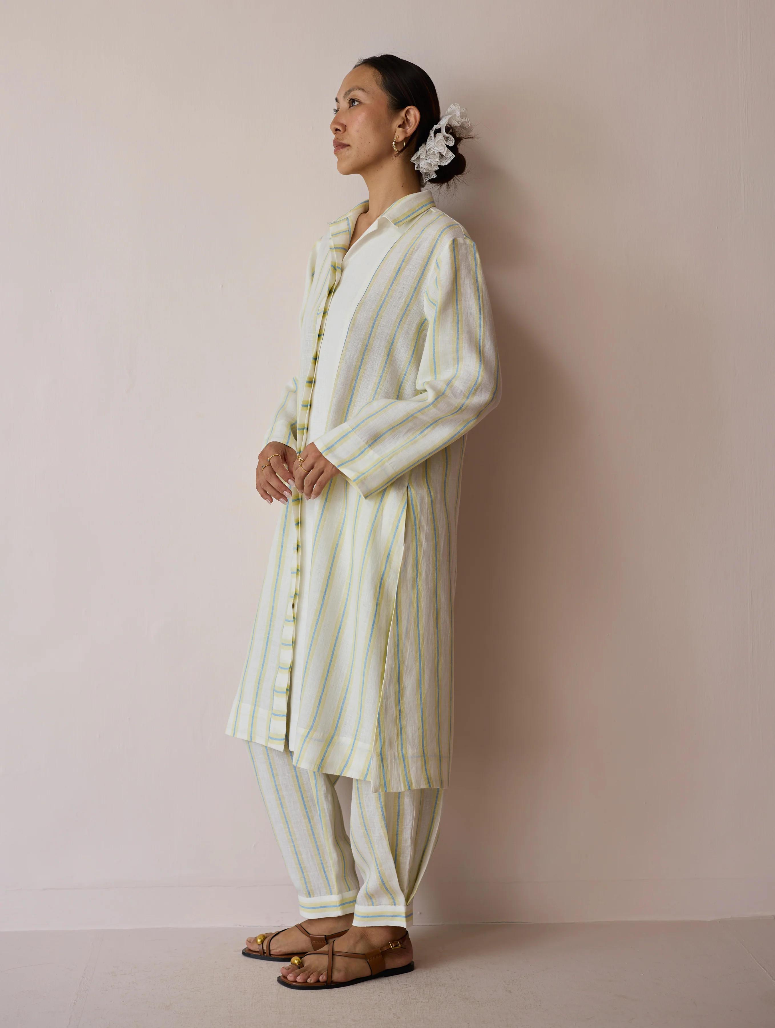 Joana Patchwork Stripe Linen Kurta Sets - Ivory - Image 10