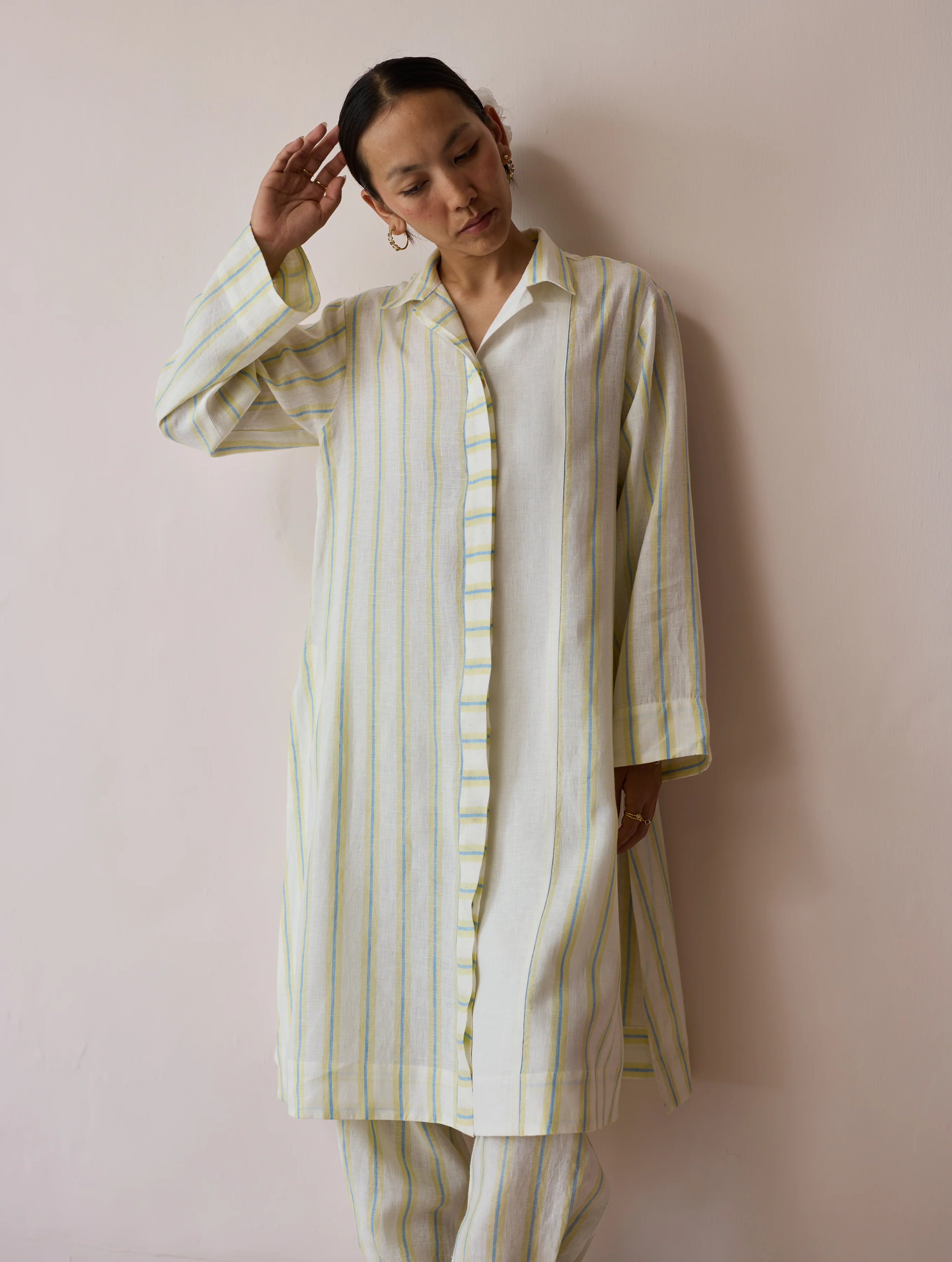 Joana Patchwork Stripe Linen Kurta Sets - Ivory - Image 2