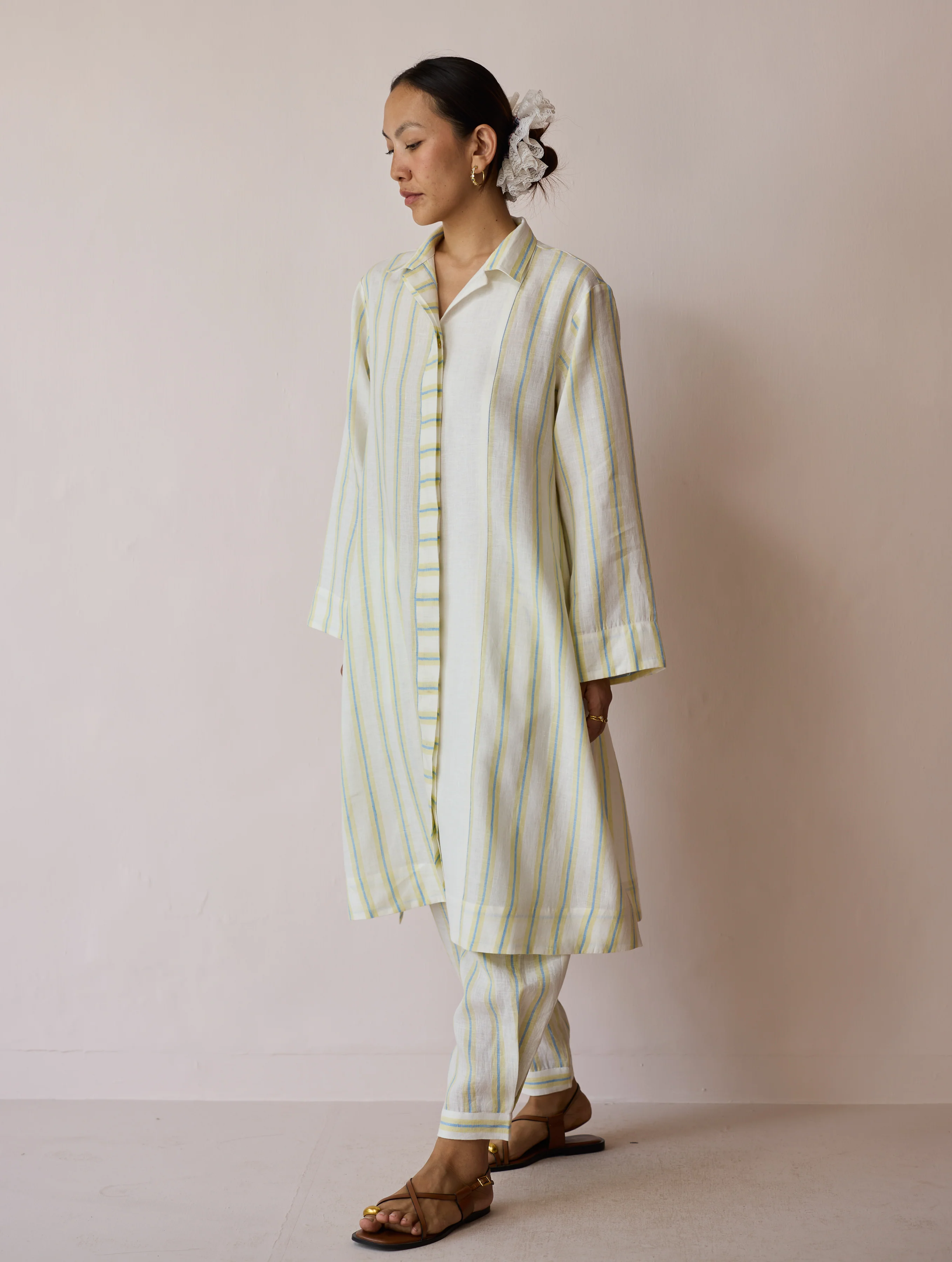 Joana Patchwork Stripe Linen Kurta Sets - Ivory - Image 3