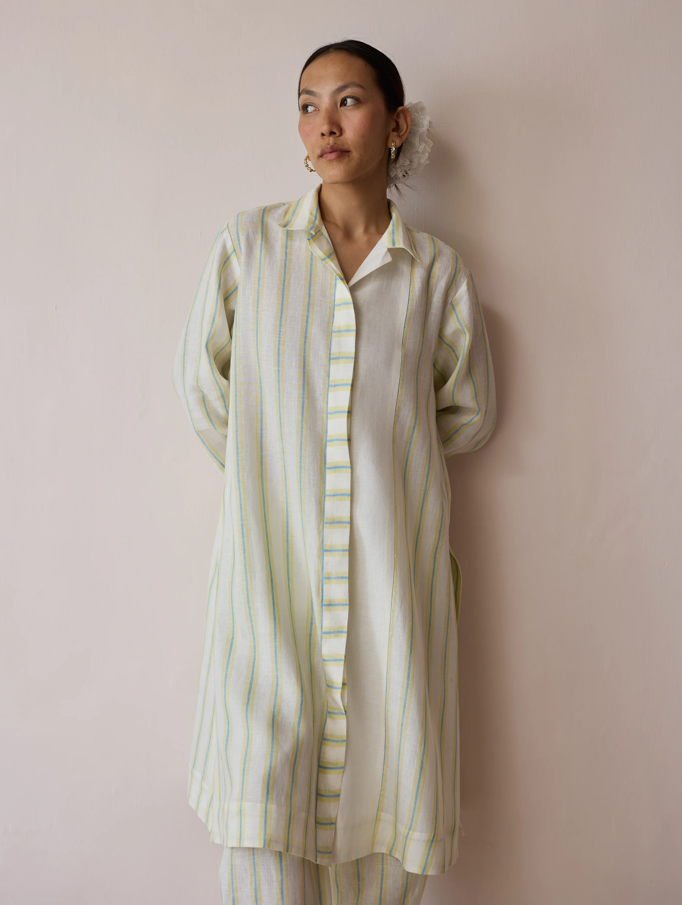 Joana Patchwork Stripe Linen Kurta Sets - Ivory - Image 4