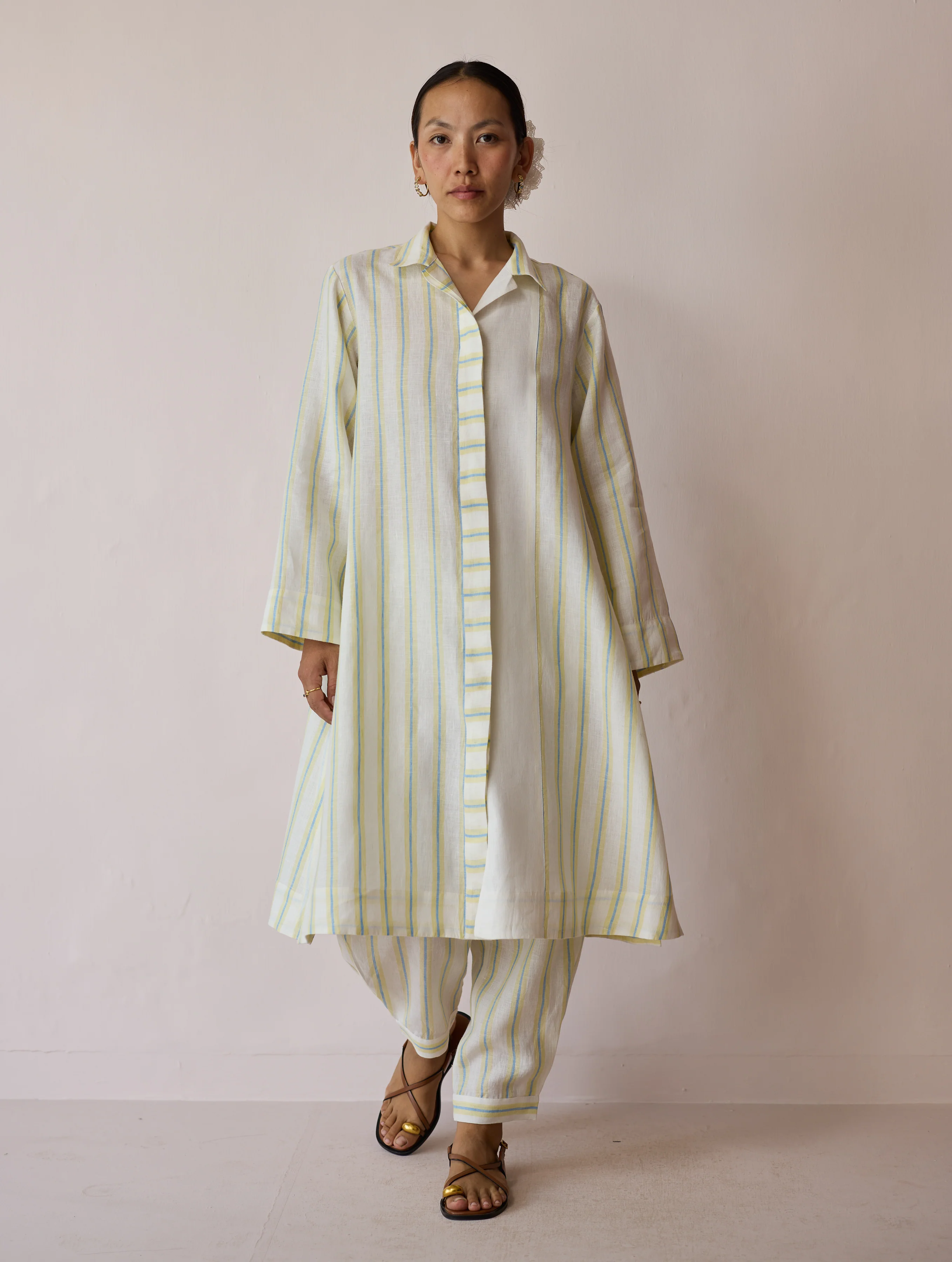 Joana Patchwork Stripe Linen Kurta Sets - Ivory - Image 5