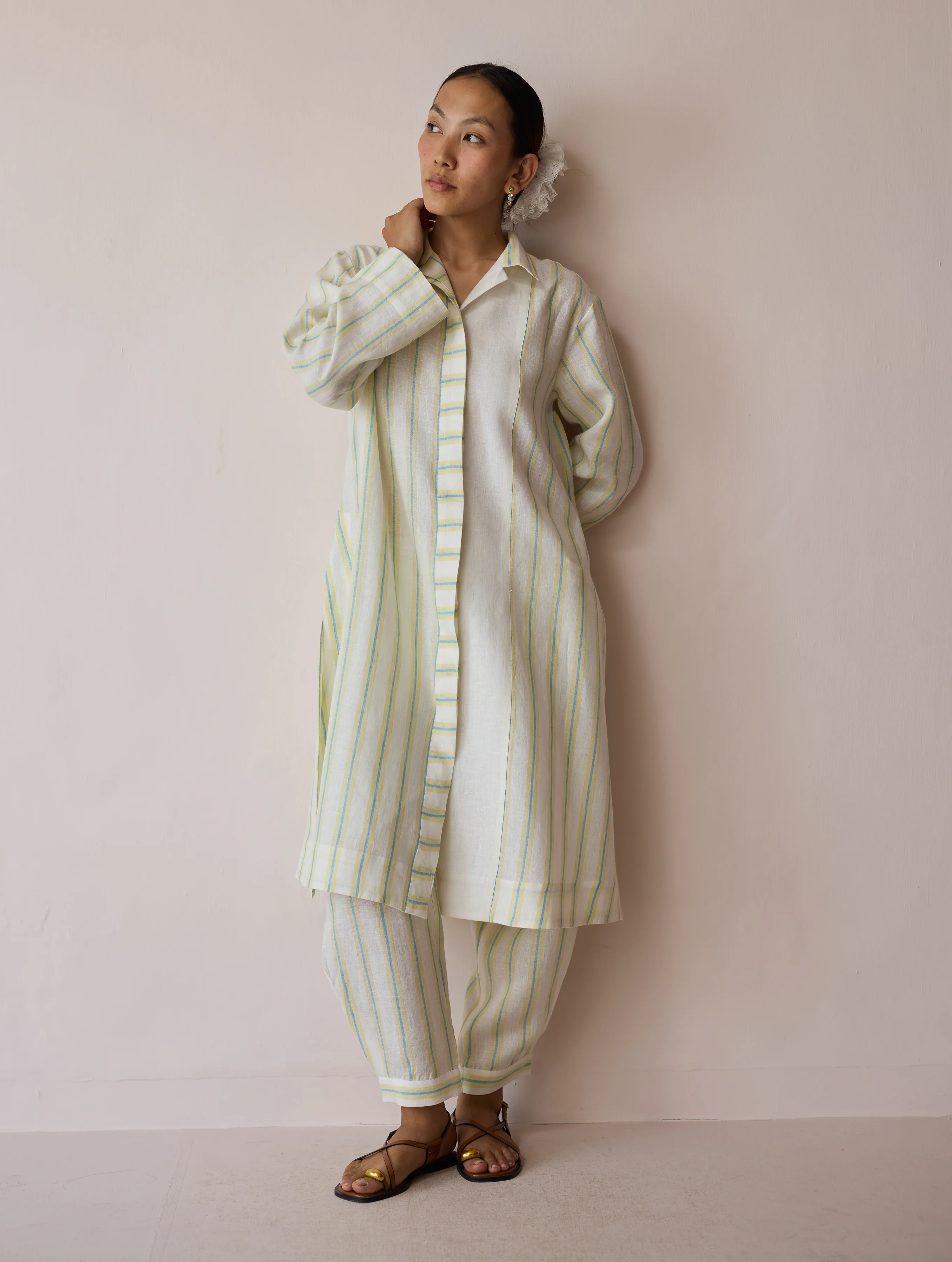 Joana Patchwork Stripe Linen Kurta Sets - Ivory - Image 6