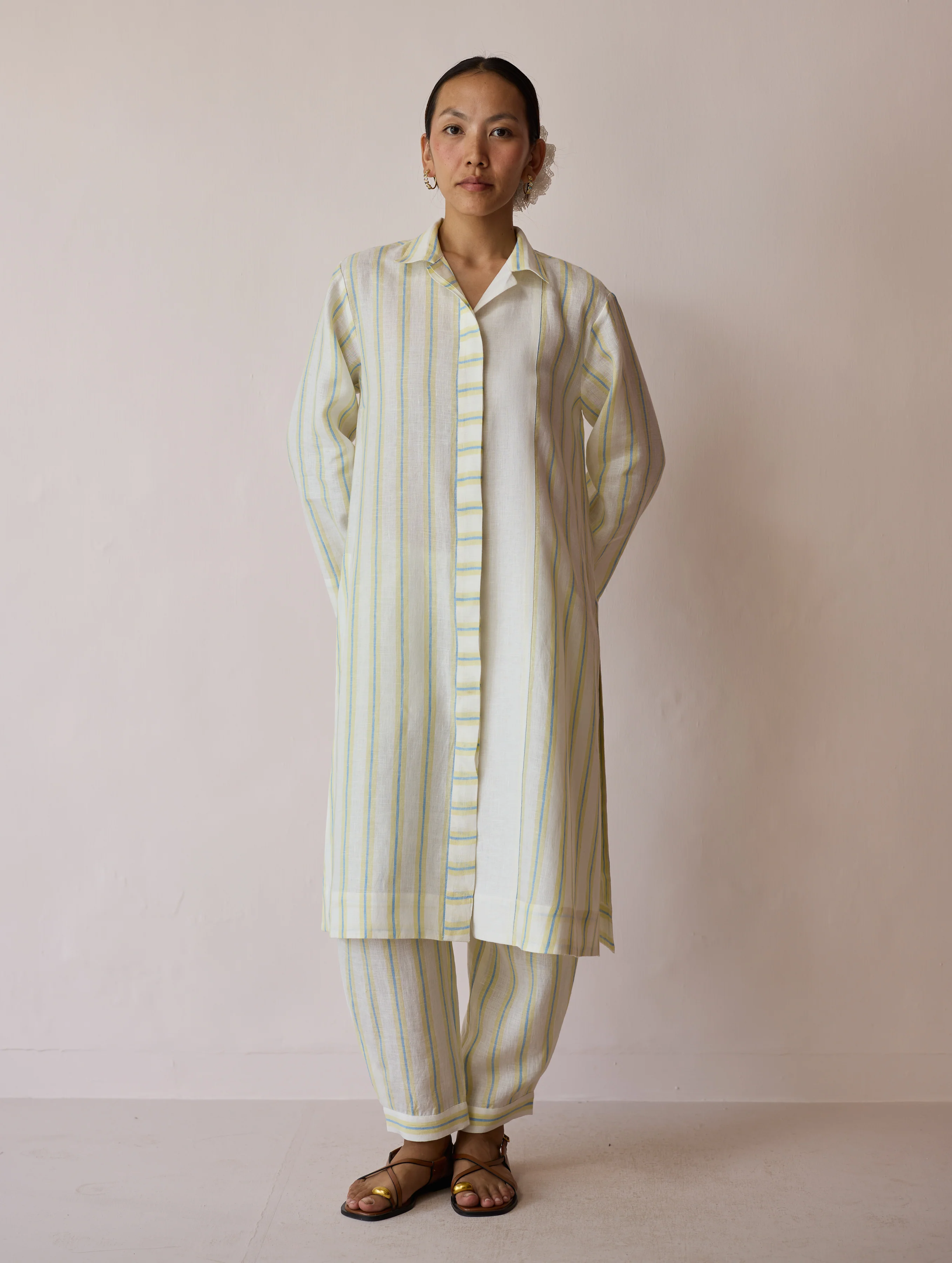 Joana Patchwork Stripe Linen Kurta Sets - Ivory - Image 7