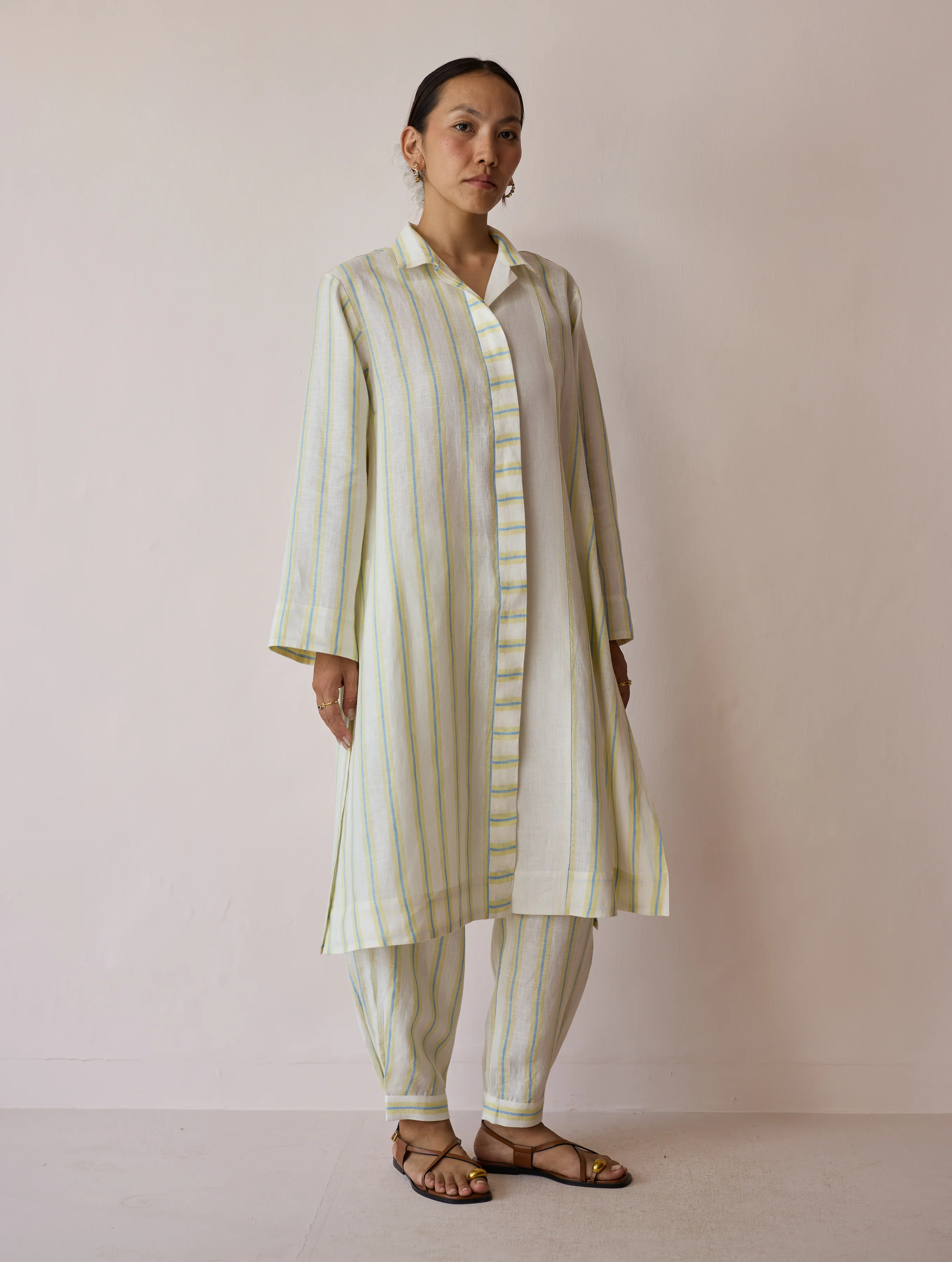 Joana Patchwork Stripe Linen Kurta Sets - Ivory - Image 8