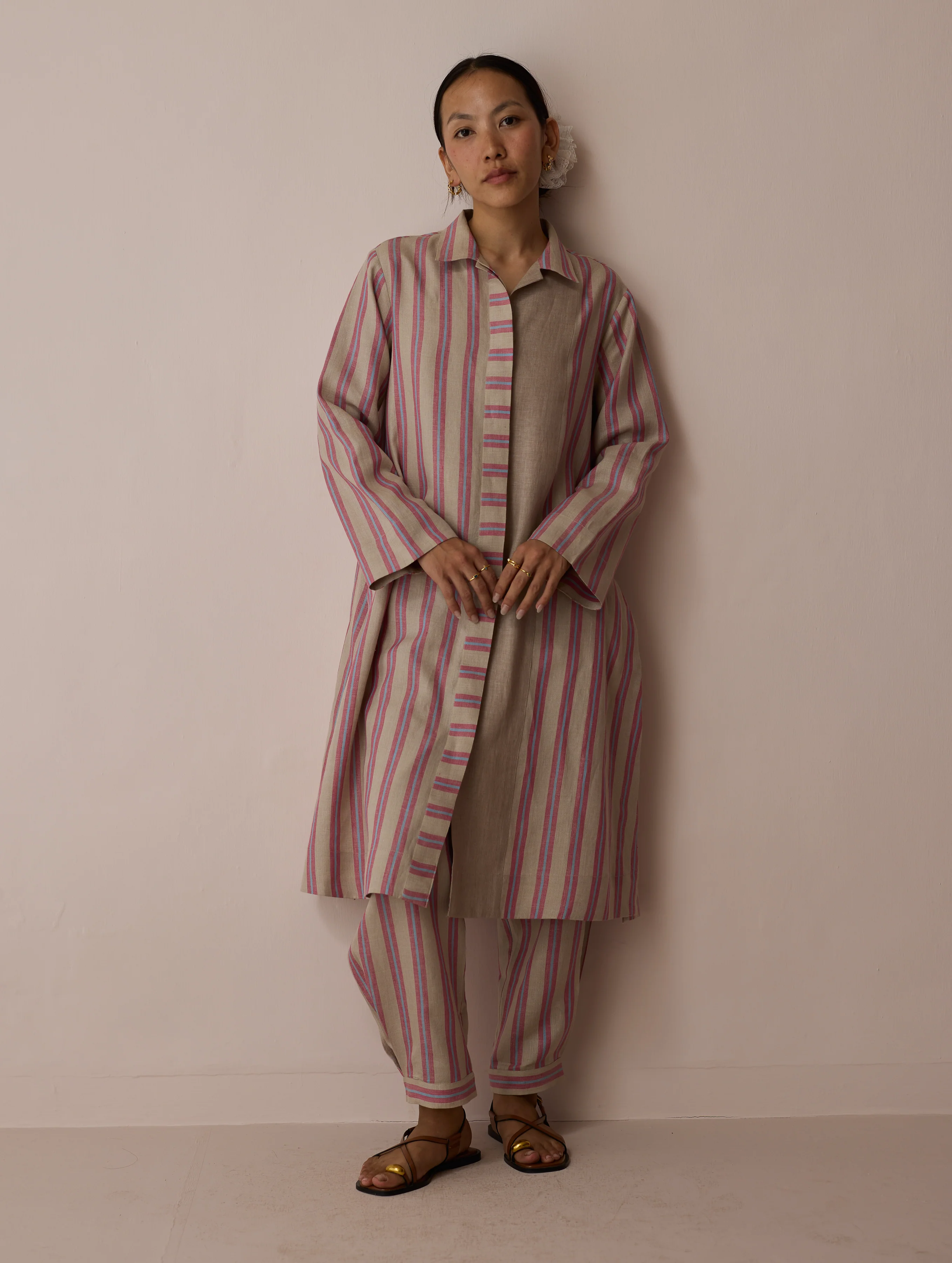 Joana Patchwork Stripe Linen Kurta Set - Natural
