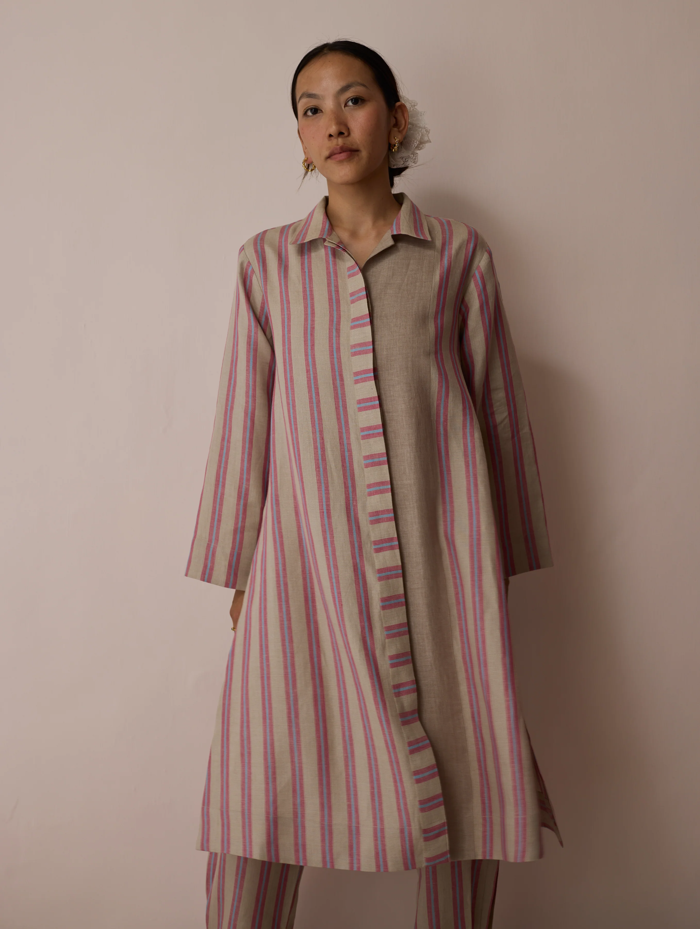 Joana Patchwork Stripe Linen Kurta Set - Natural - Image 2