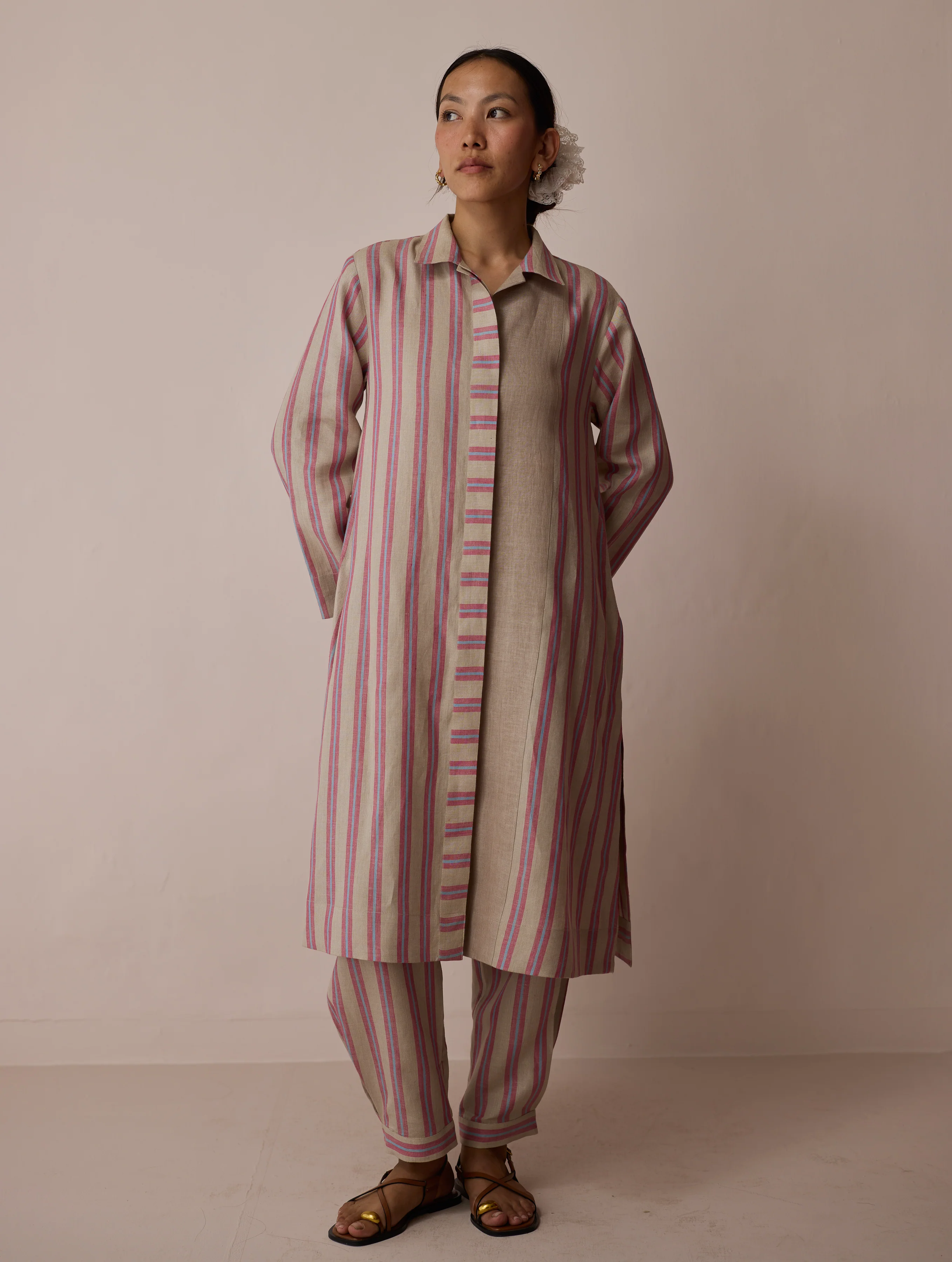 Joana Patchwork Stripe Linen Kurta Set - Natural - Image 3