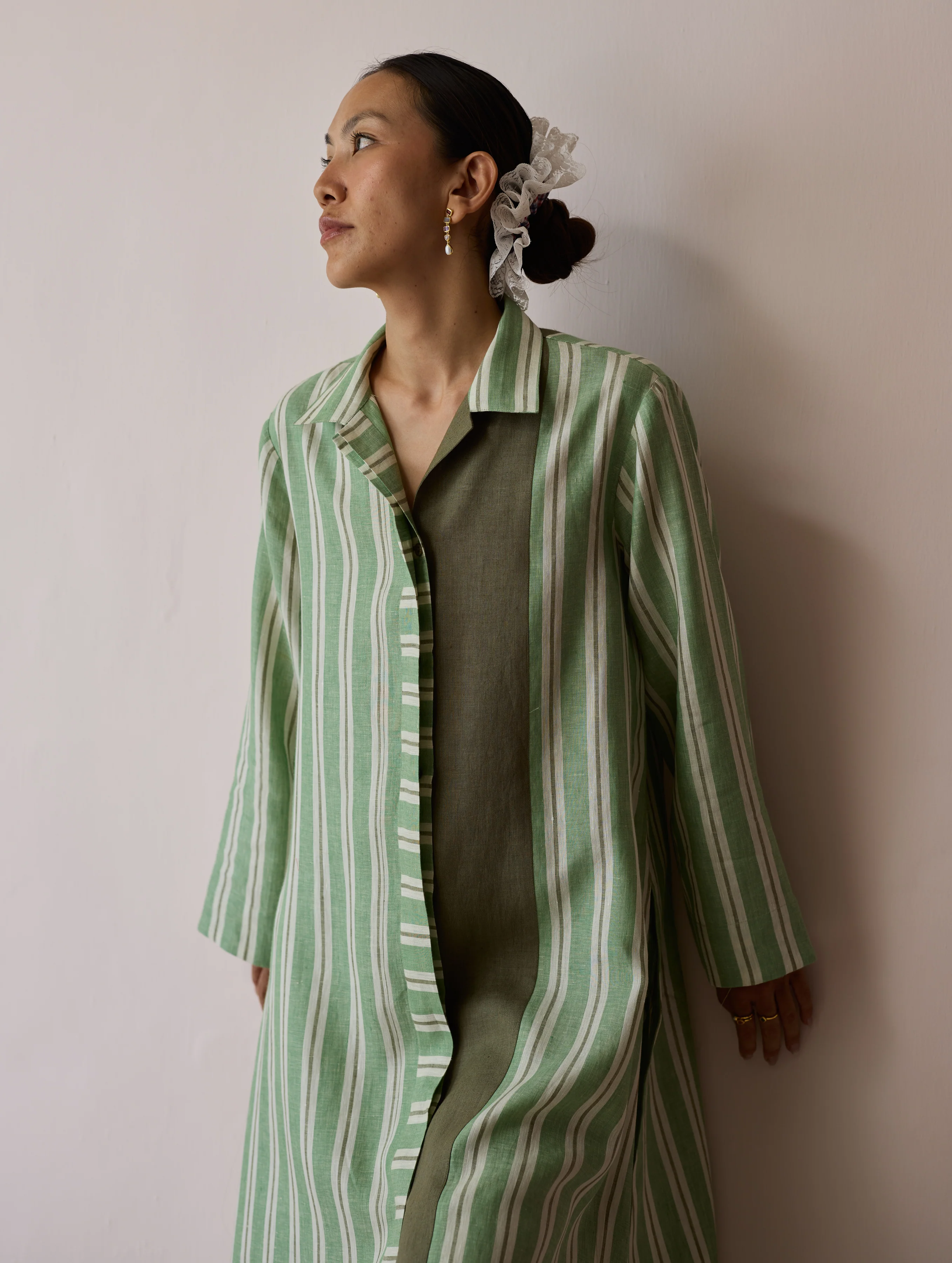 Joana Patchwork Stripe Linen Shirt Kurta - Fern