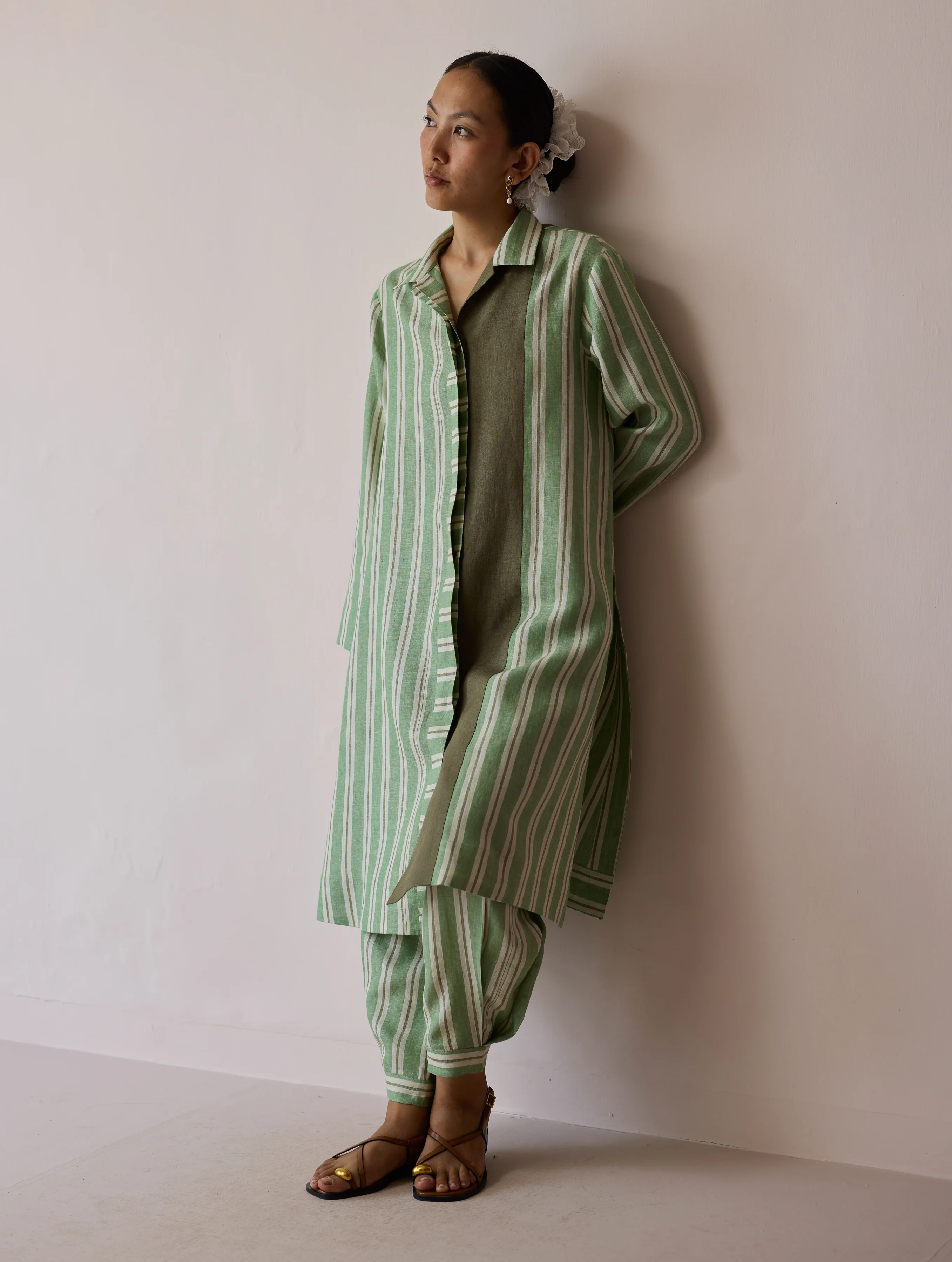 Joana Patchwork Stripe Linen Shirt Kurta - Fern - Image 10