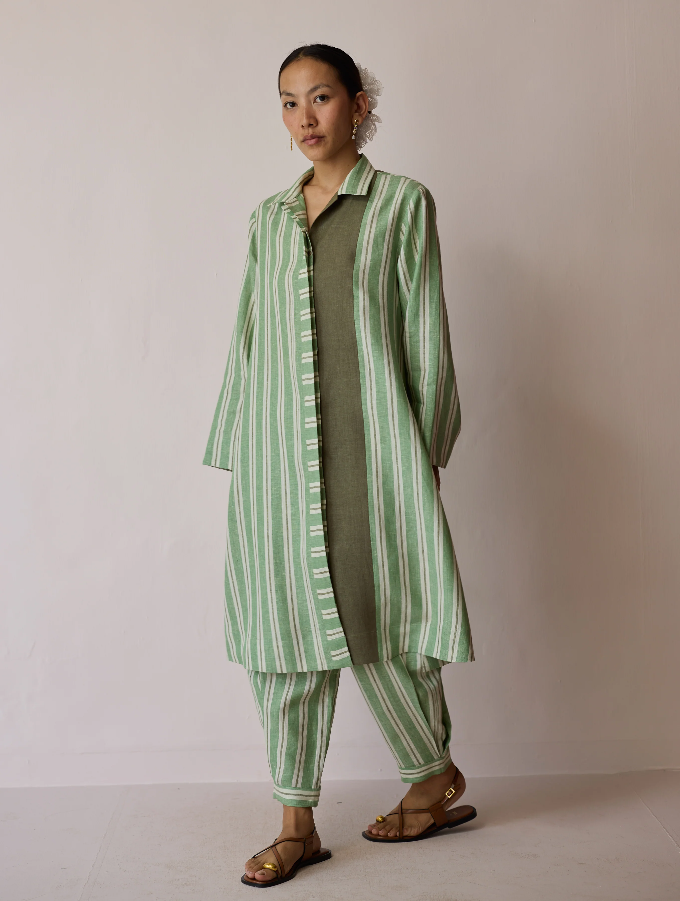 Joana Patchwork Stripe Linen Shirt Kurta - Fern - Image 11