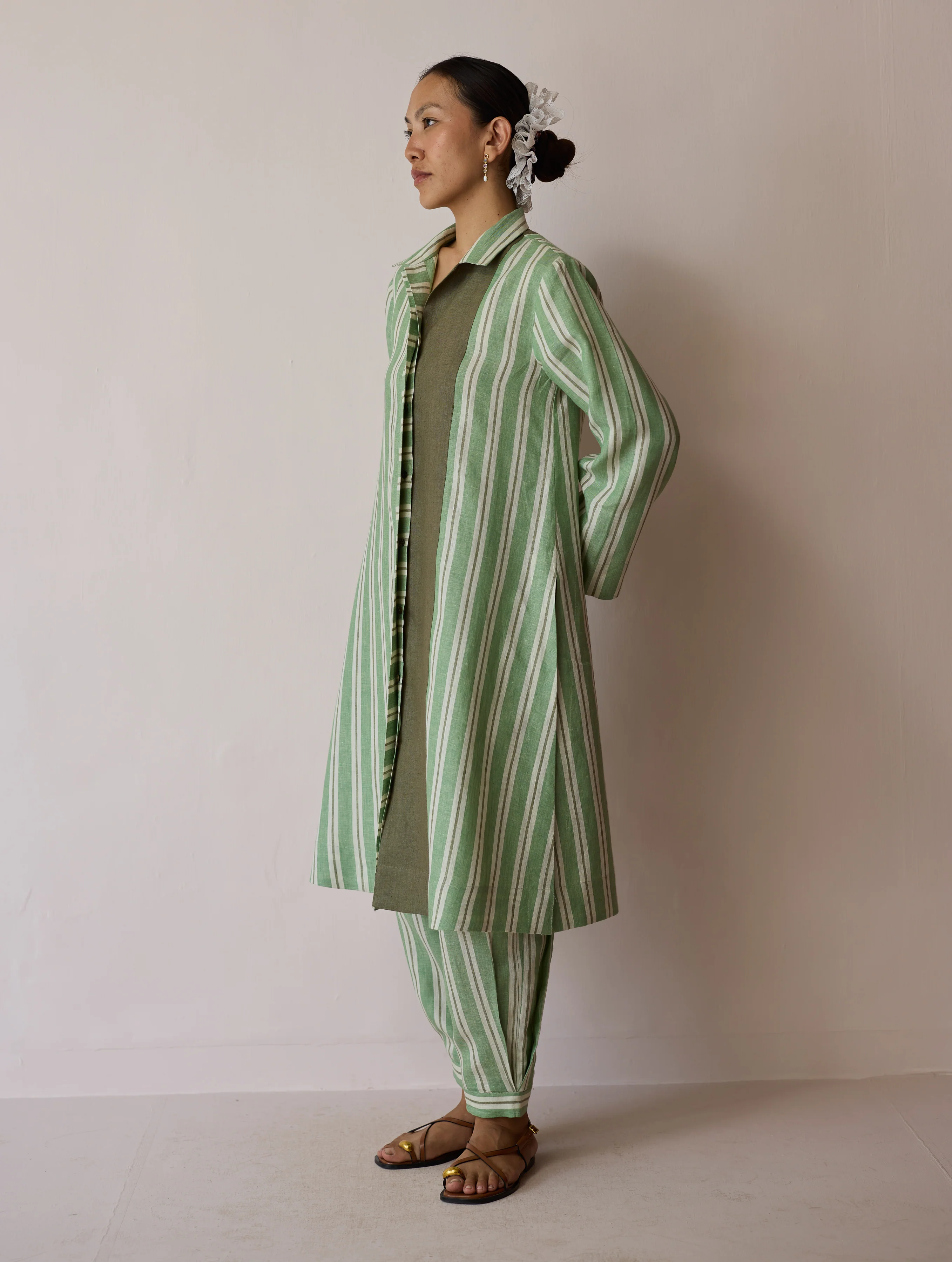 Joana Patchwork Stripe Linen Shirt Kurta - Fern - Image 12