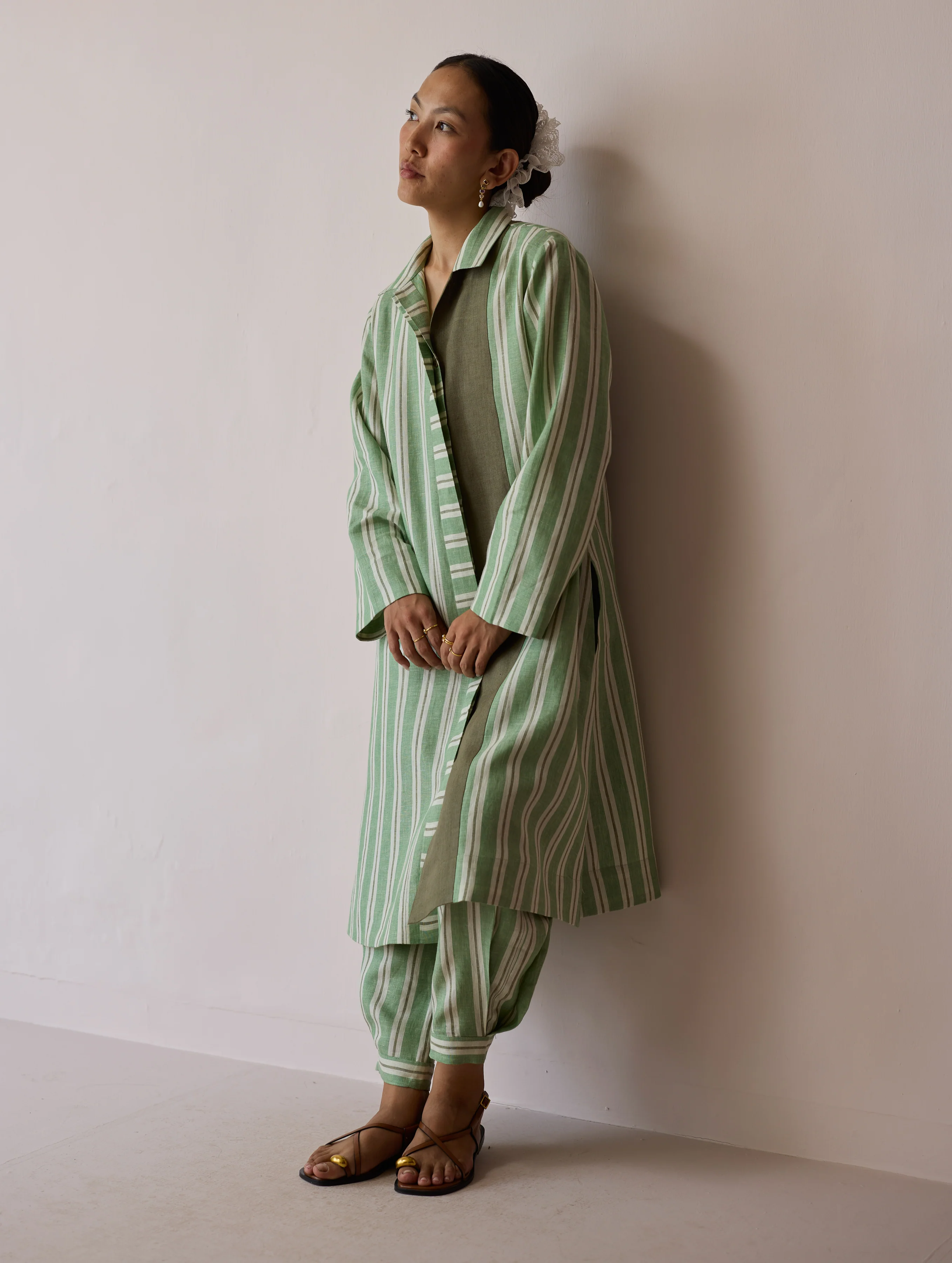 Joana Patchwork Stripe Linen Shirt Kurta - Fern - Image 13
