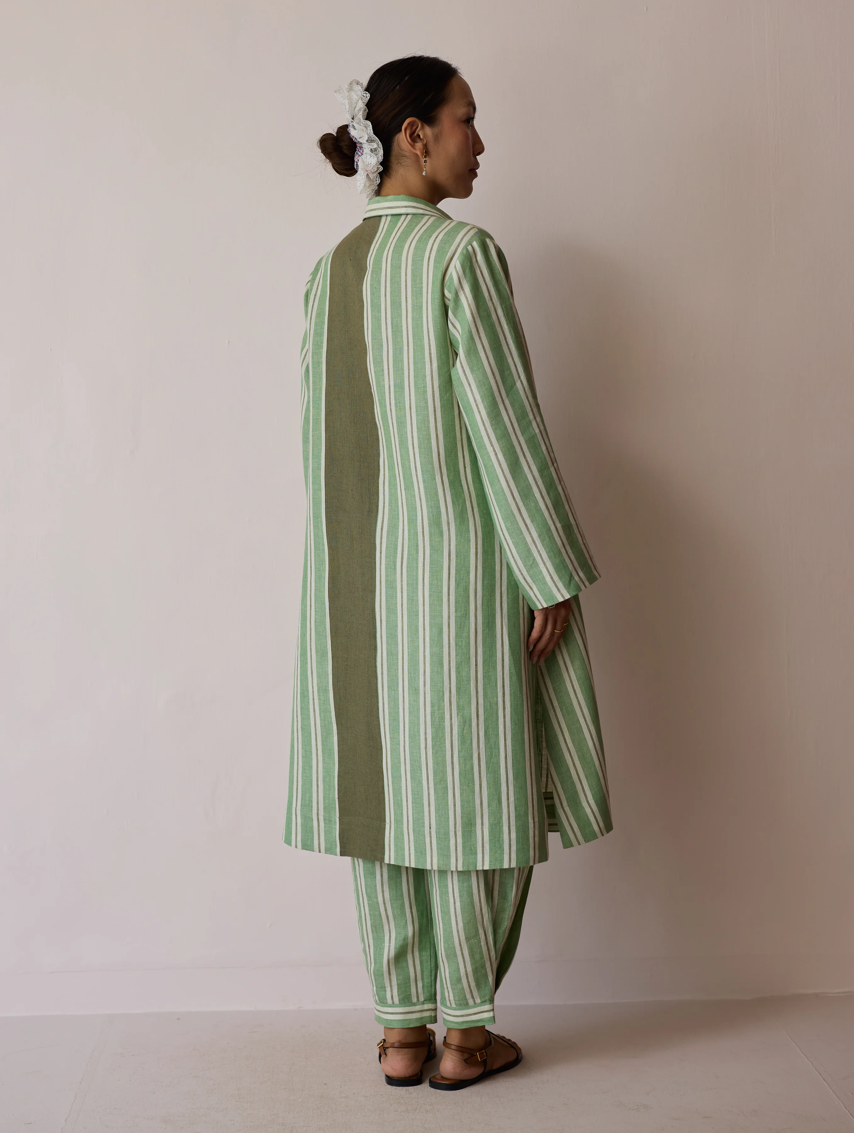 Joana Patchwork Stripe Linen Shirt Kurta - Fern - Image 14