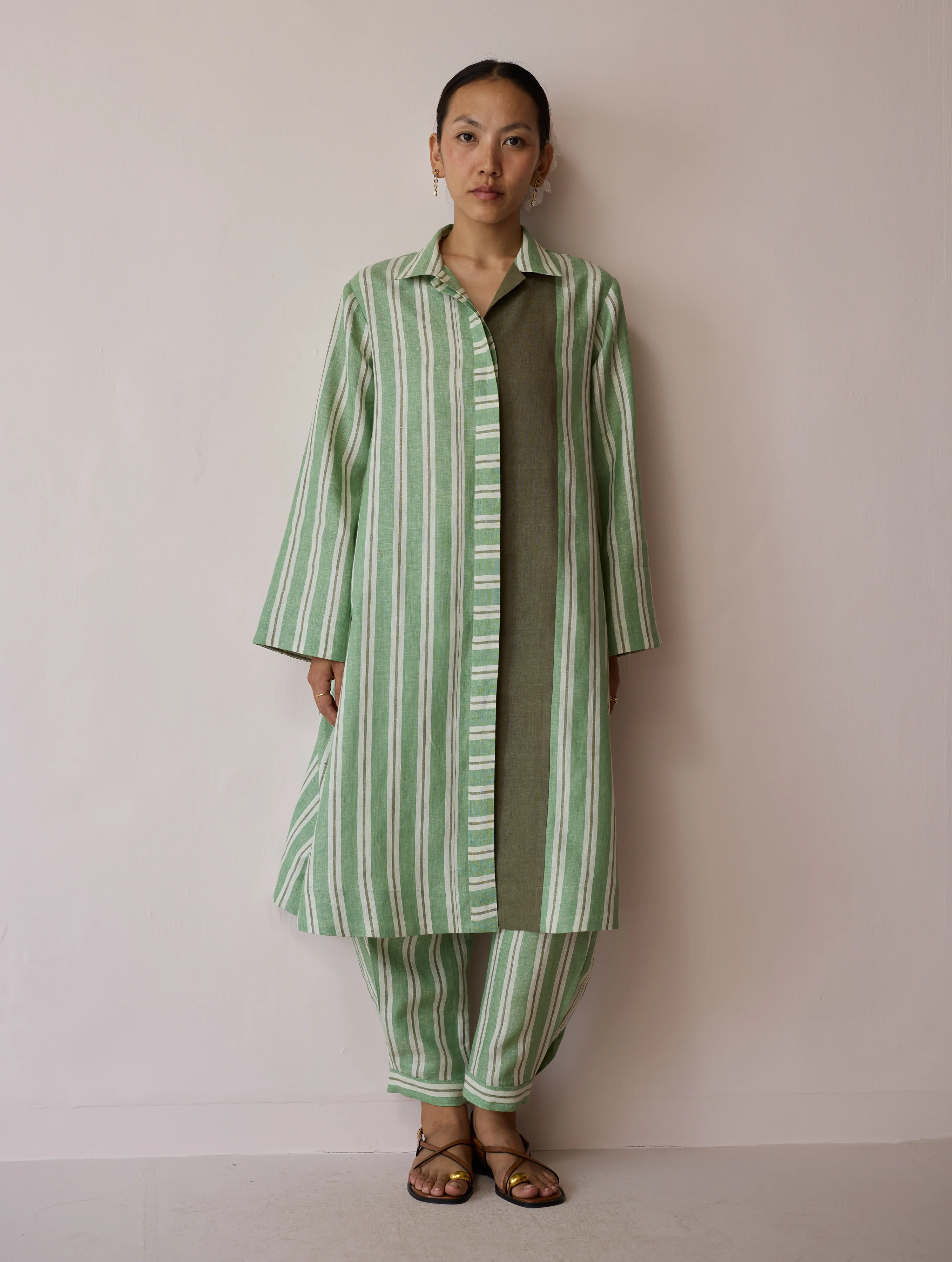 Joana Patchwork Stripe Linen Shirt Kurta - Fern - Image 2