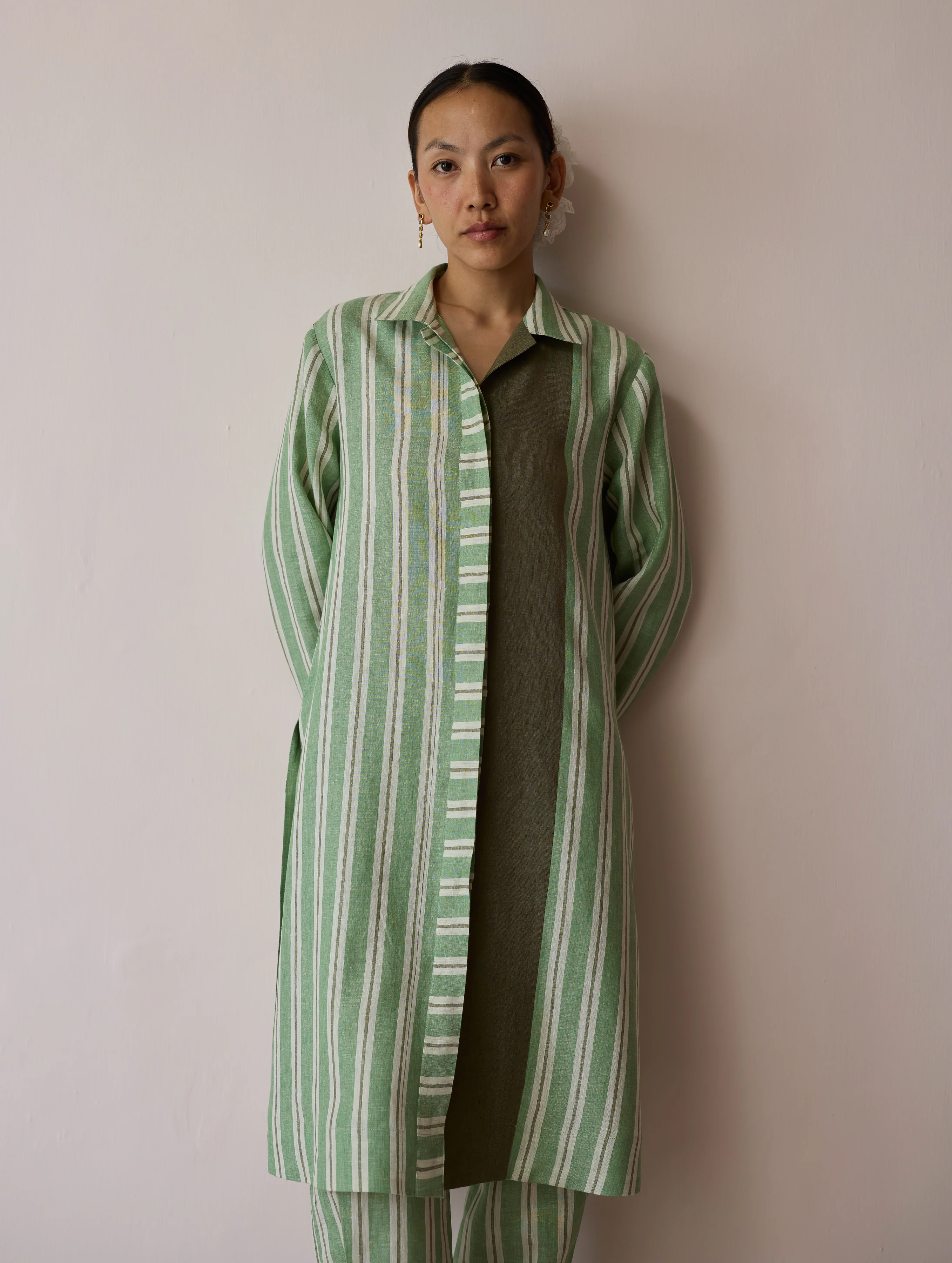 Joana Patchwork Stripe Linen Shirt Kurta - Fern - Image 3