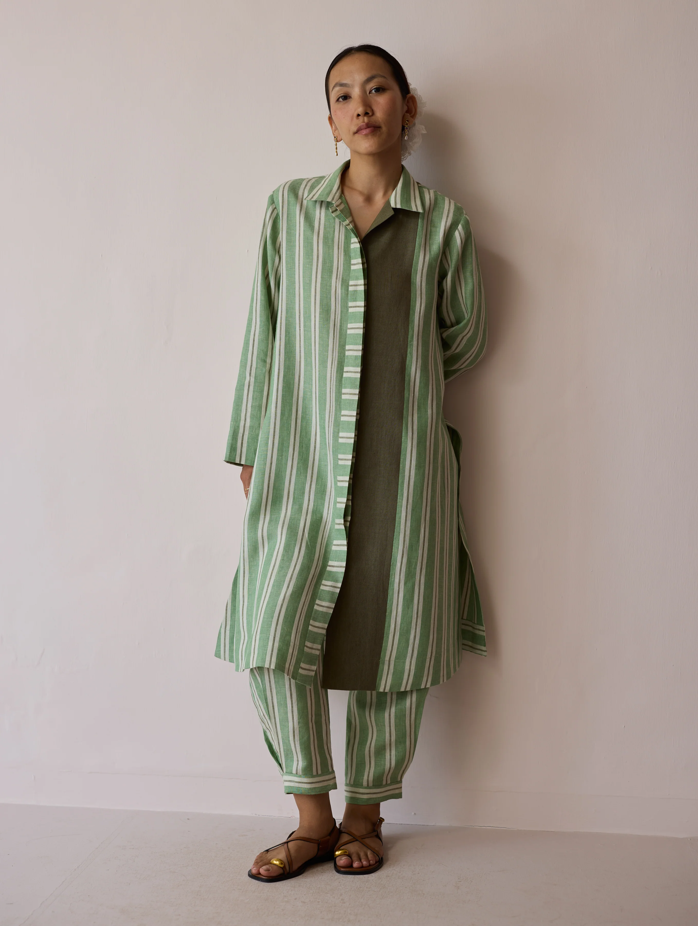 Joana Patchwork Stripe Linen Shirt Kurta - Fern - Image 4