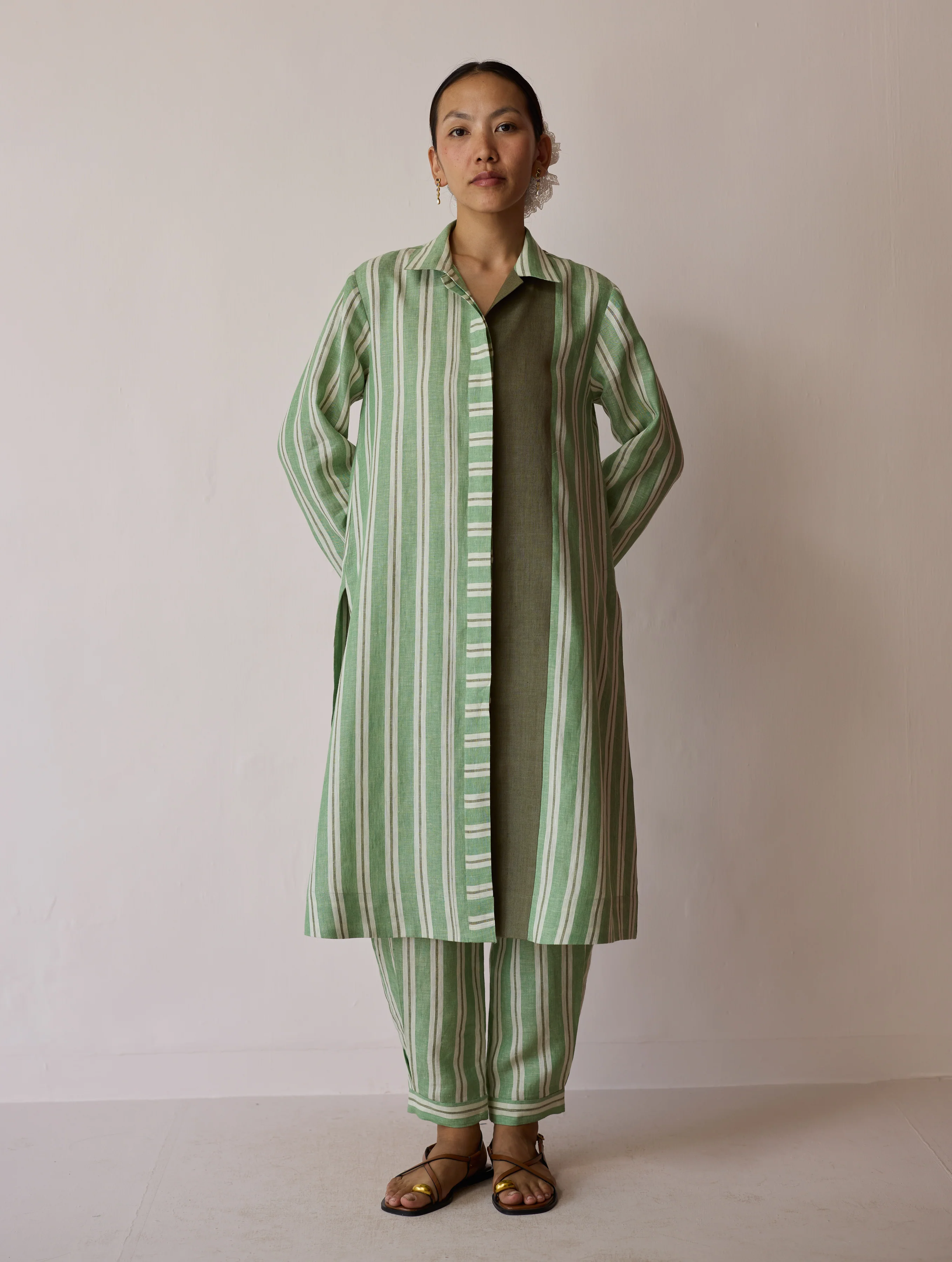Joana Patchwork Stripe Linen Shirt Kurta - Fern - Image 5