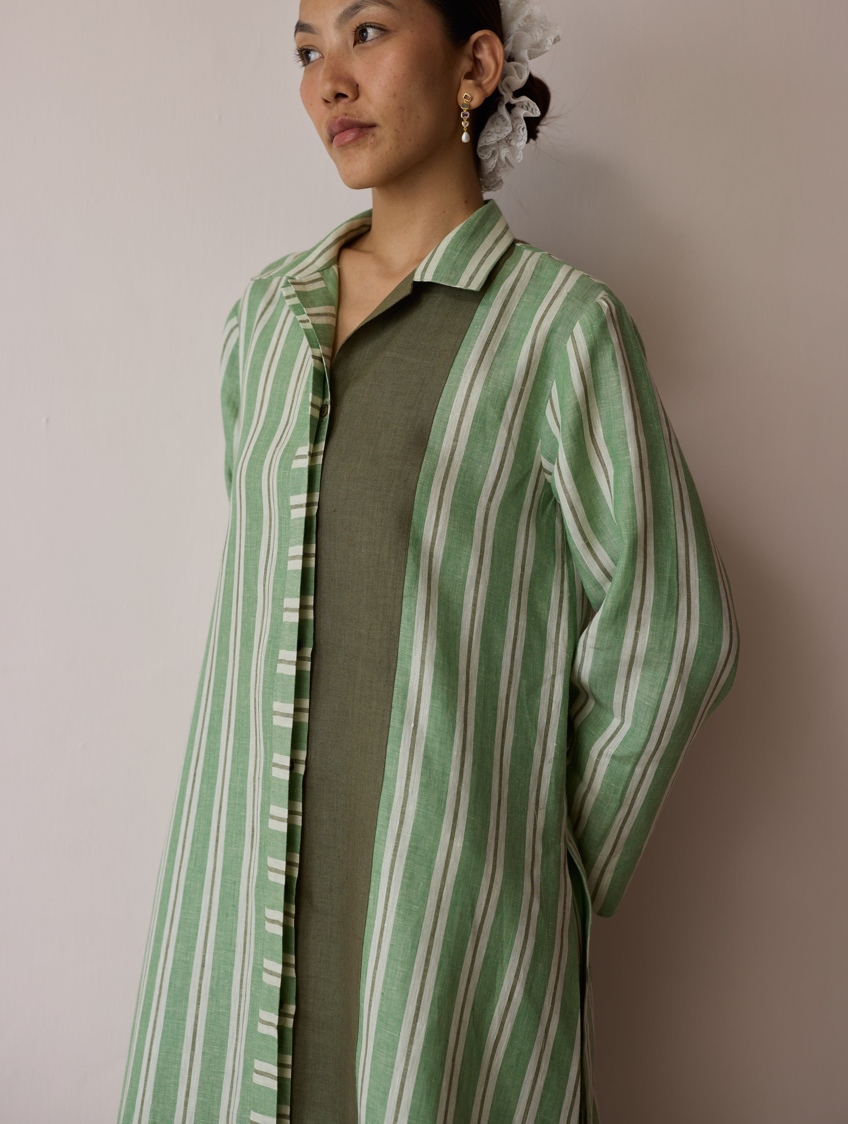 Joana Patchwork Stripe Linen Shirt Kurta - Fern - Image 6