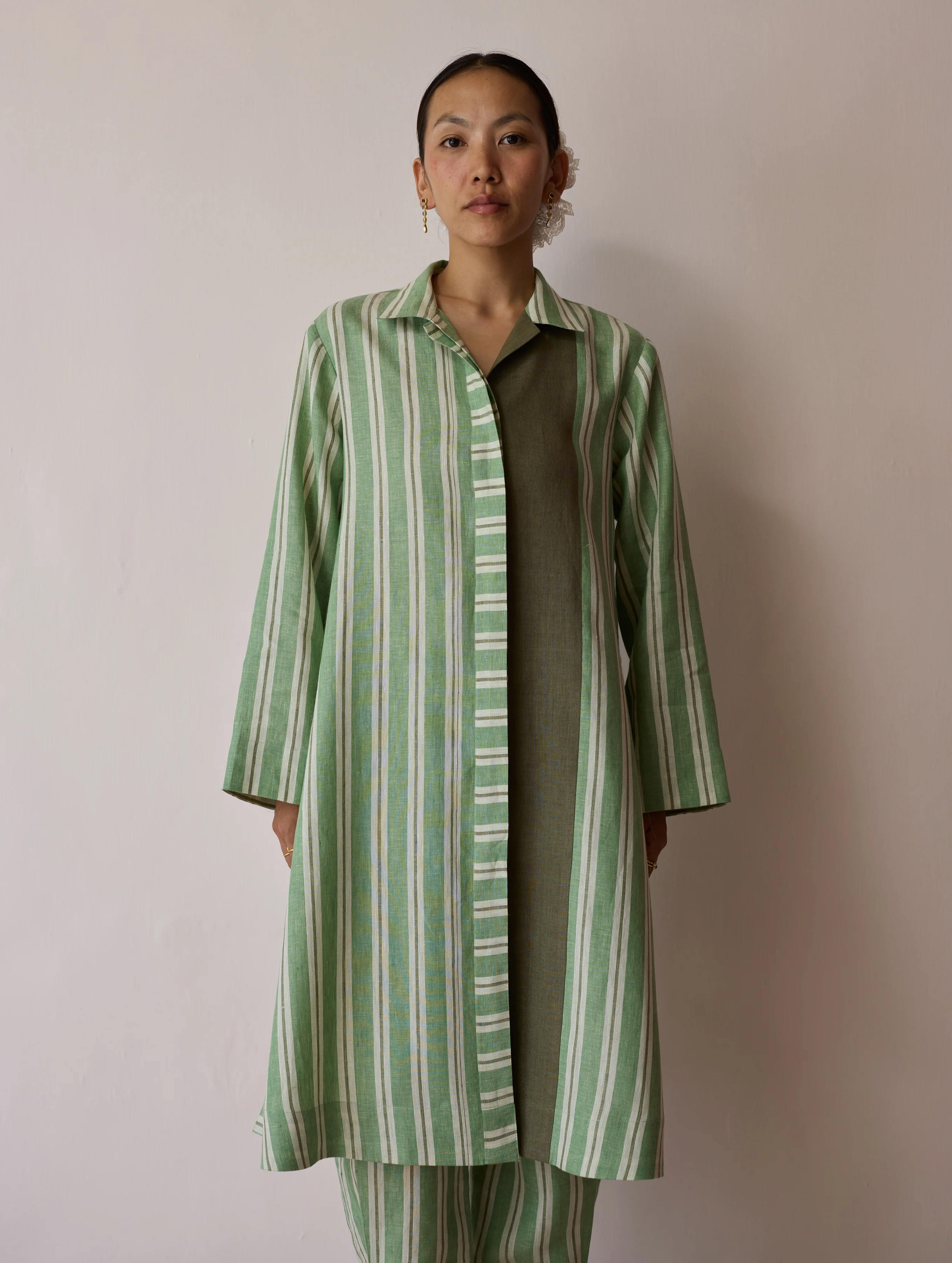 Joana Patchwork Stripe Linen Shirt Kurta - Fern - Image 7