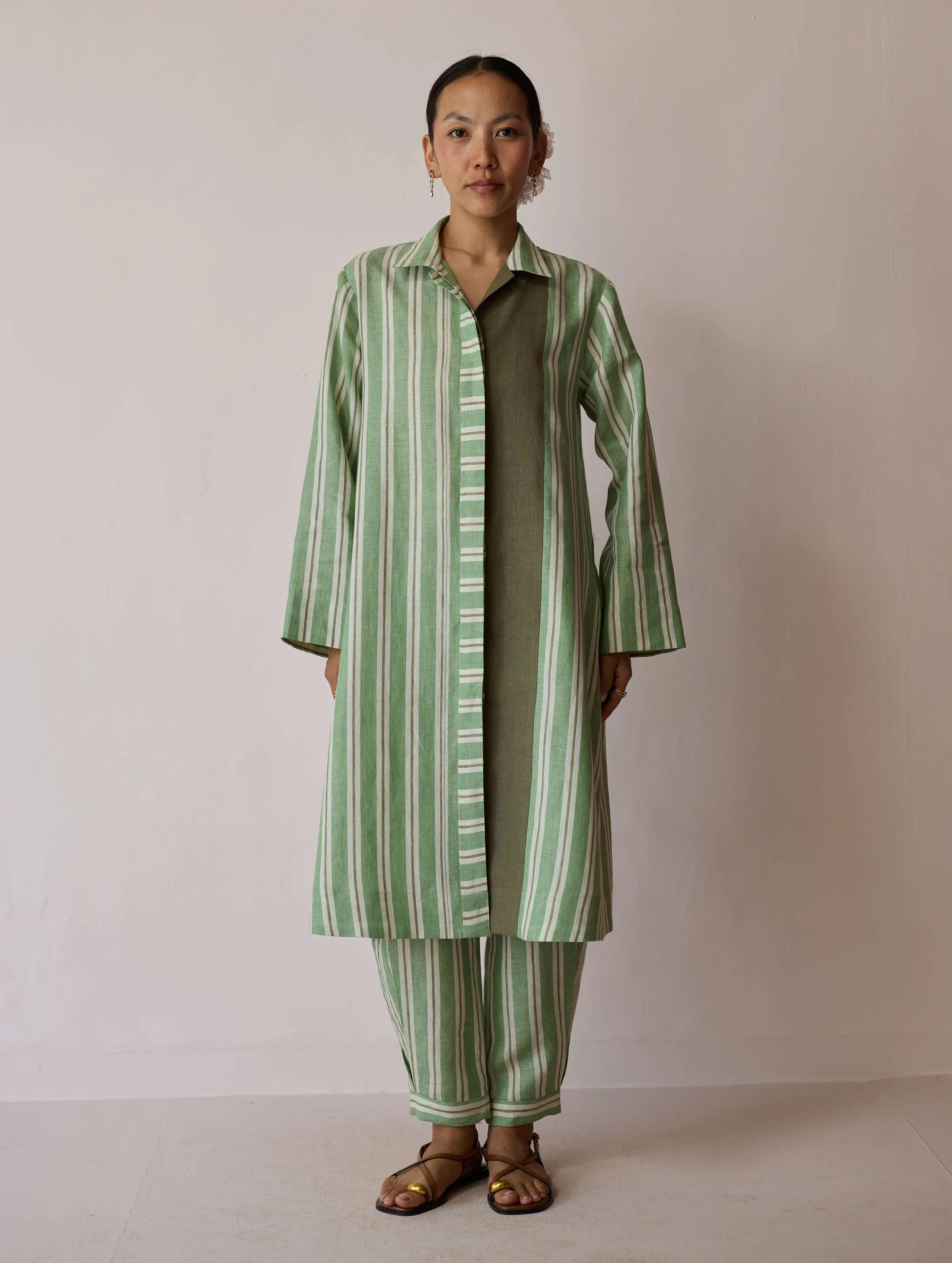 Joana Patchwork Stripe Linen Shirt Kurta - Fern - Image 8