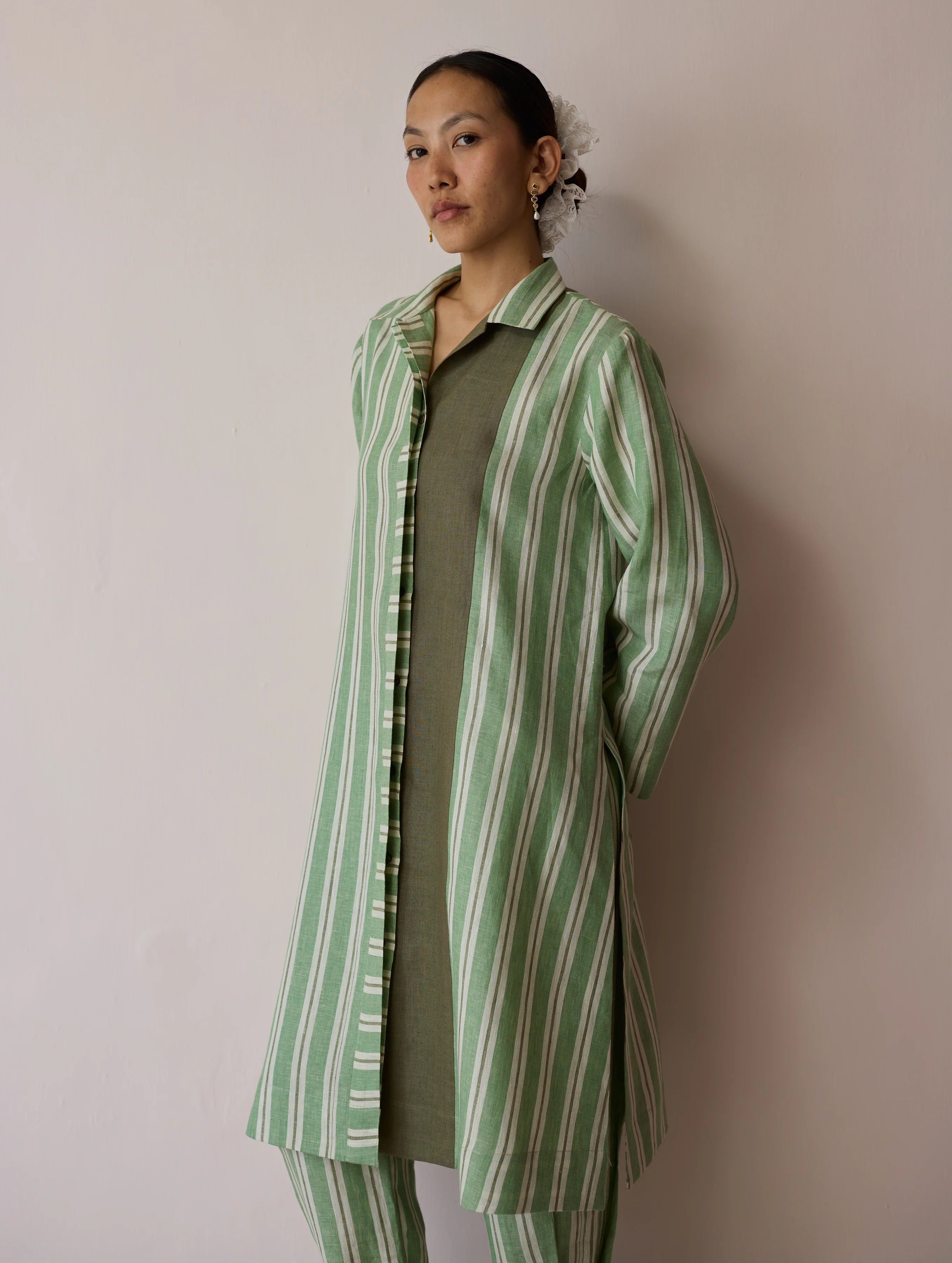 Joana Patchwork Stripe Linen Shirt Kurta - Fern - Image 9