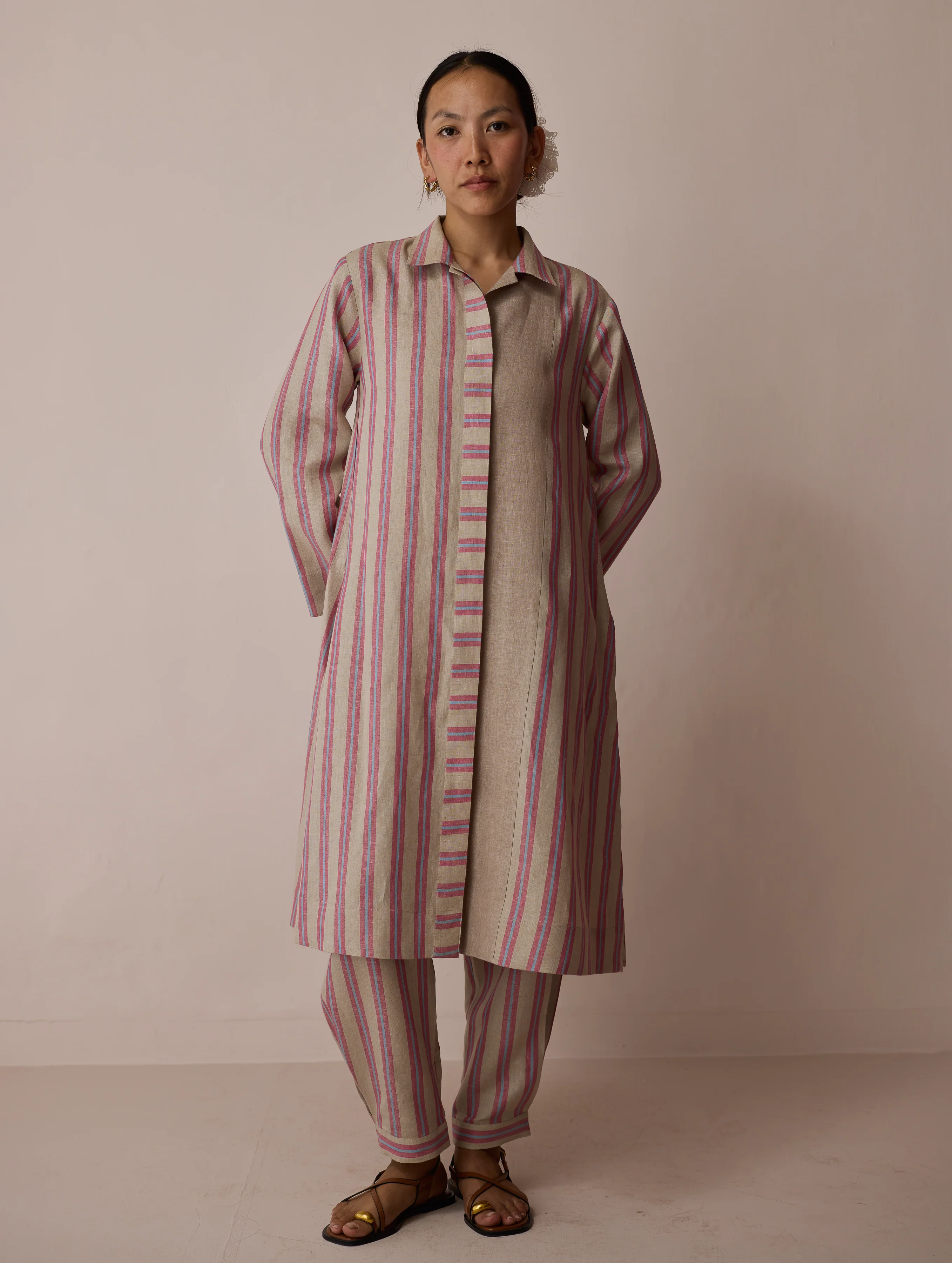 Joana Patchwork Stripe Linen Shirt Kurta - Natural - Image 4