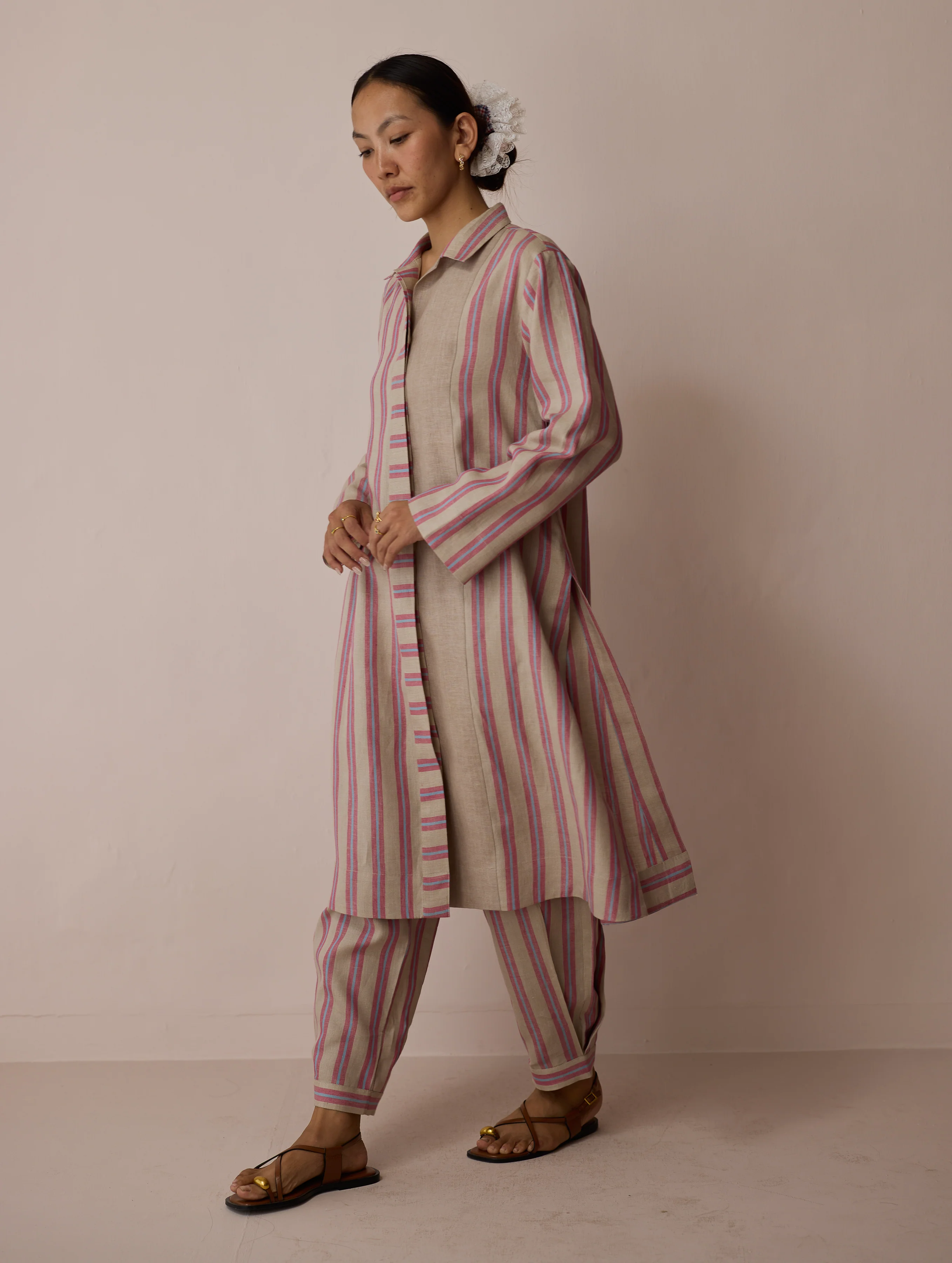 Joana Patchwork Stripe Linen Shirt Kurta - Natural - Image 7