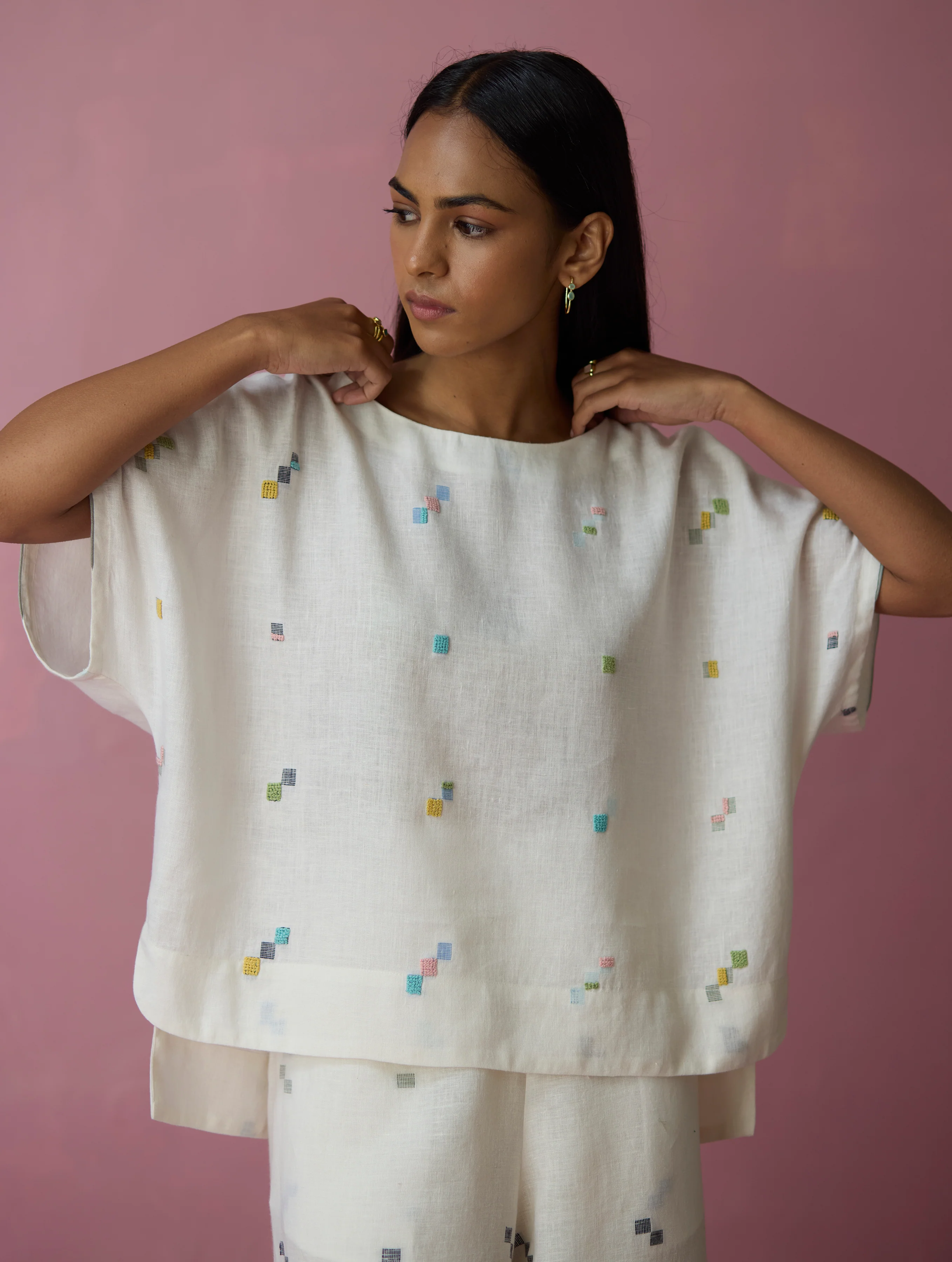Kanni Hand-Embroidered Jamdani Co-ord Set - Ivory - Image 4