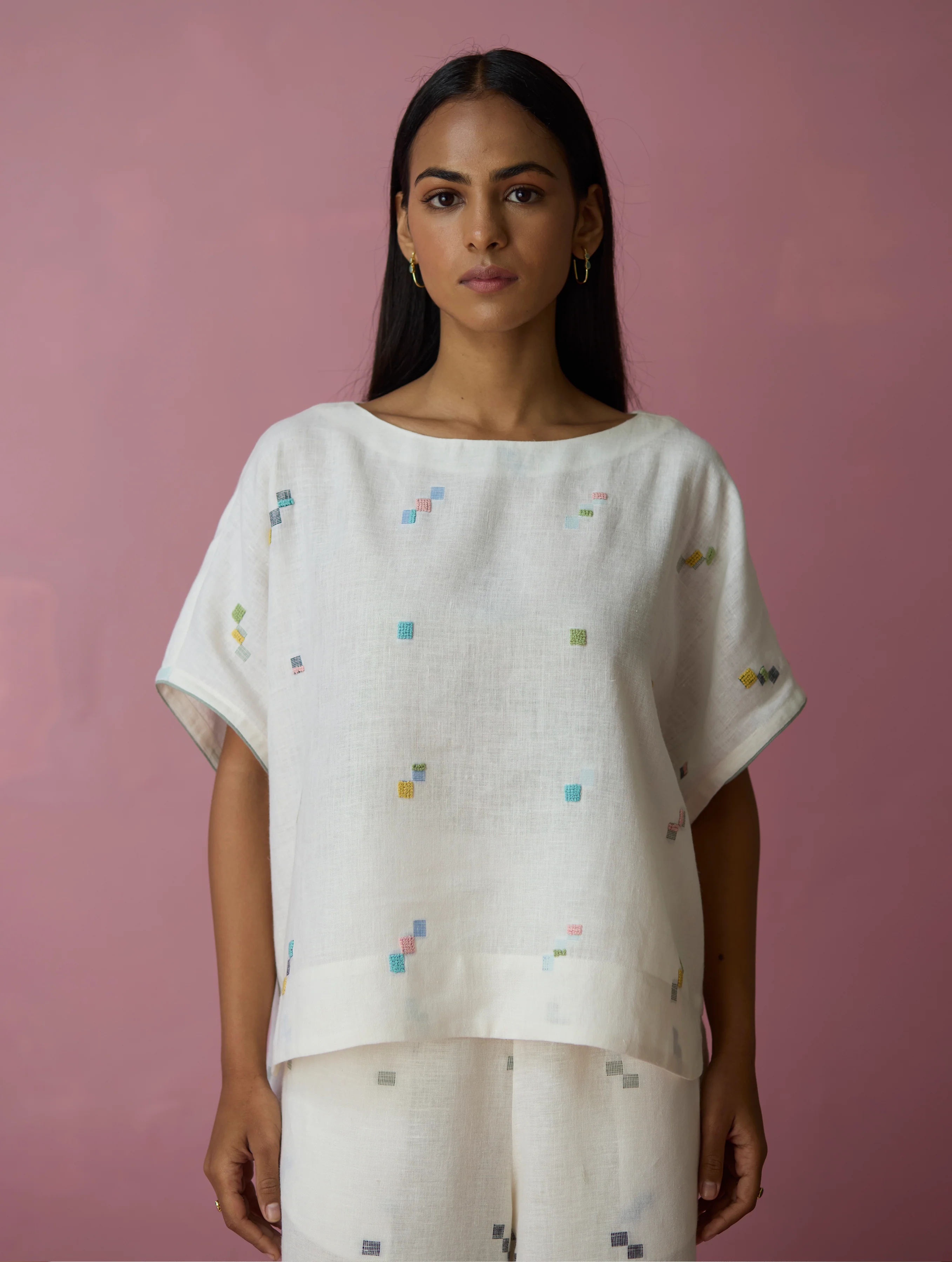 Kanni Hand-Embroidered Jamdani Linen Top - Ivory - Image 7