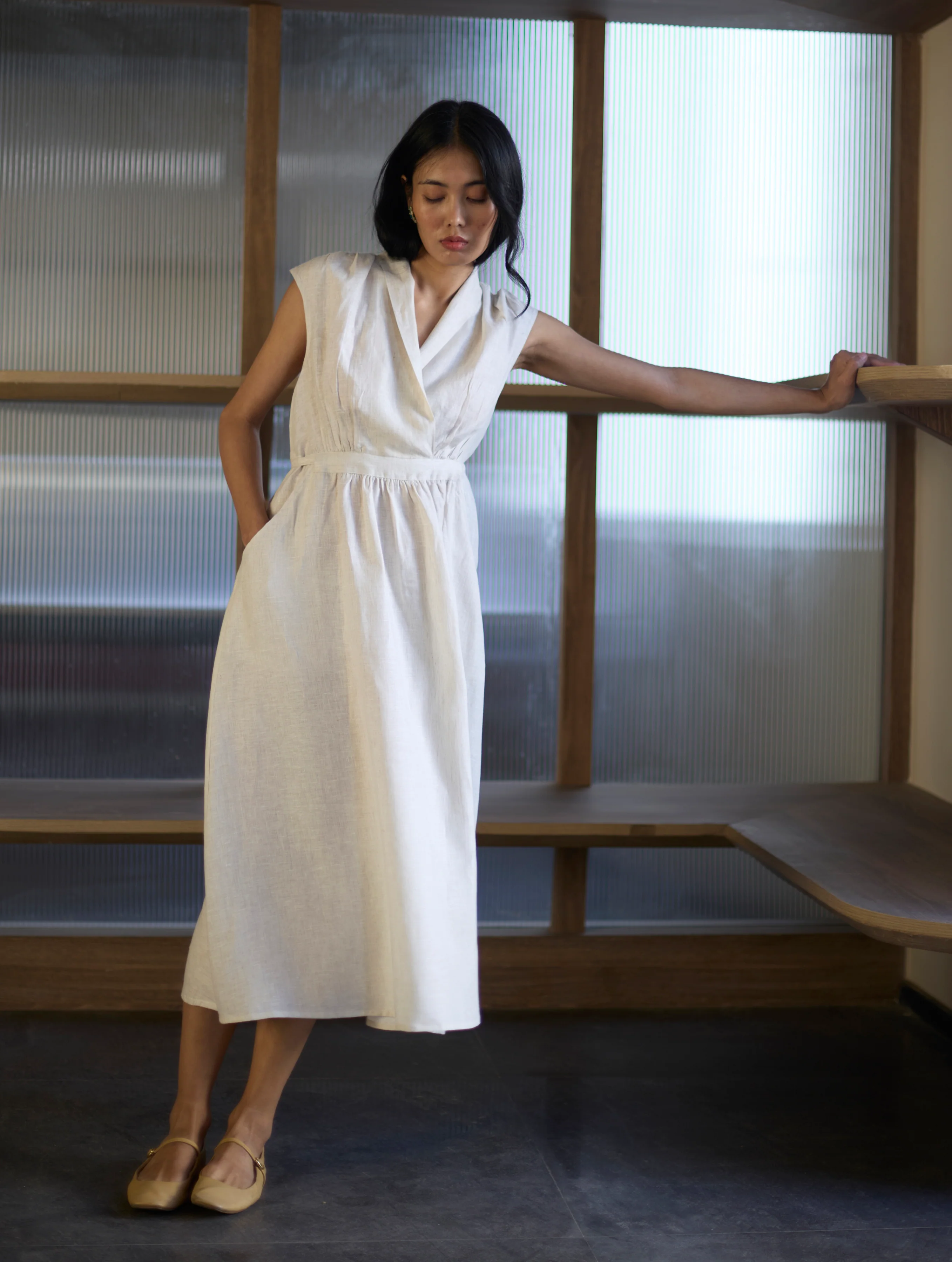 Kara Shawl Collar Linen Dress - Ivory - Image 3