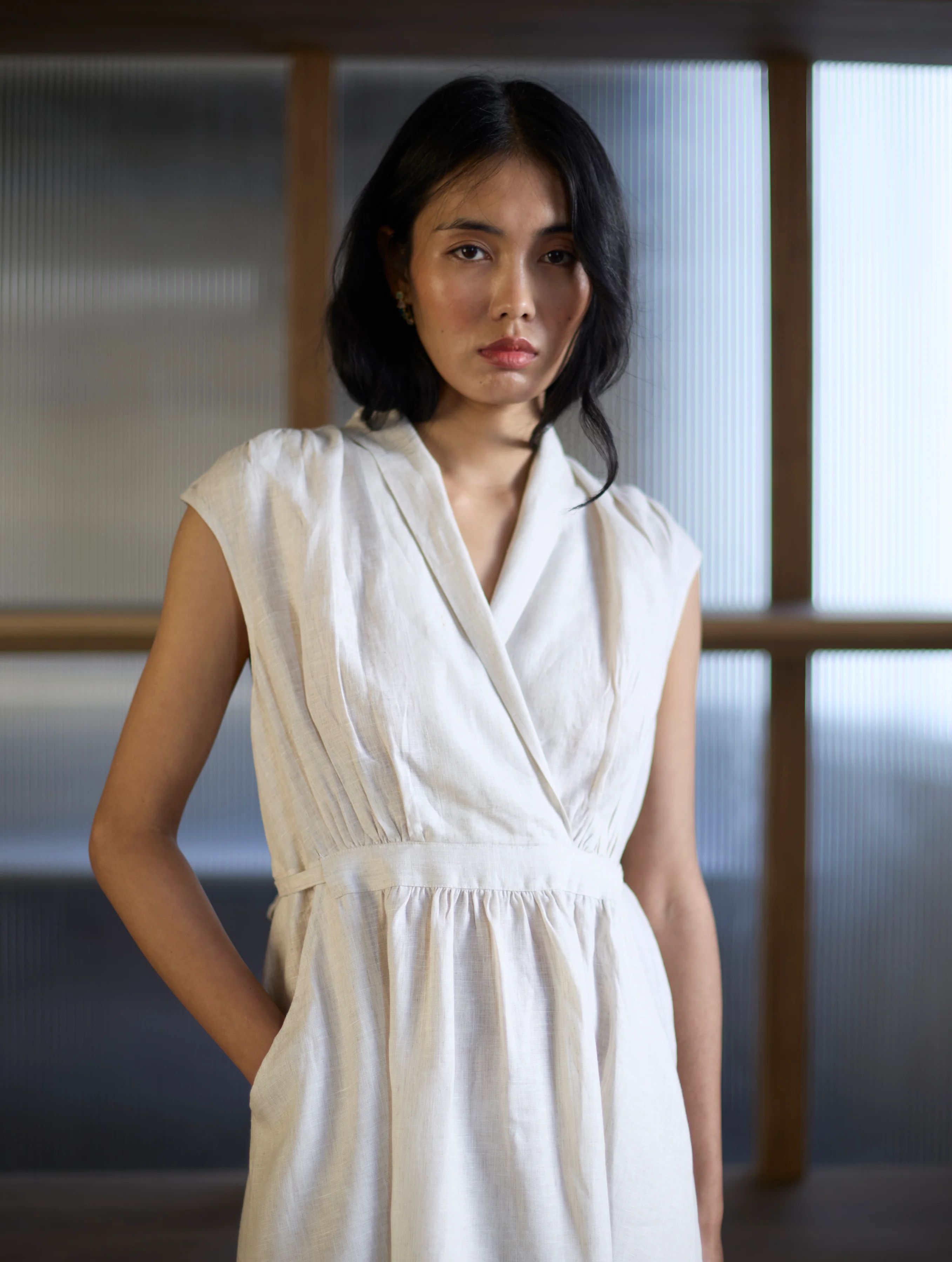 Kara Shawl Collar Linen Dress - Ivory - Image 4