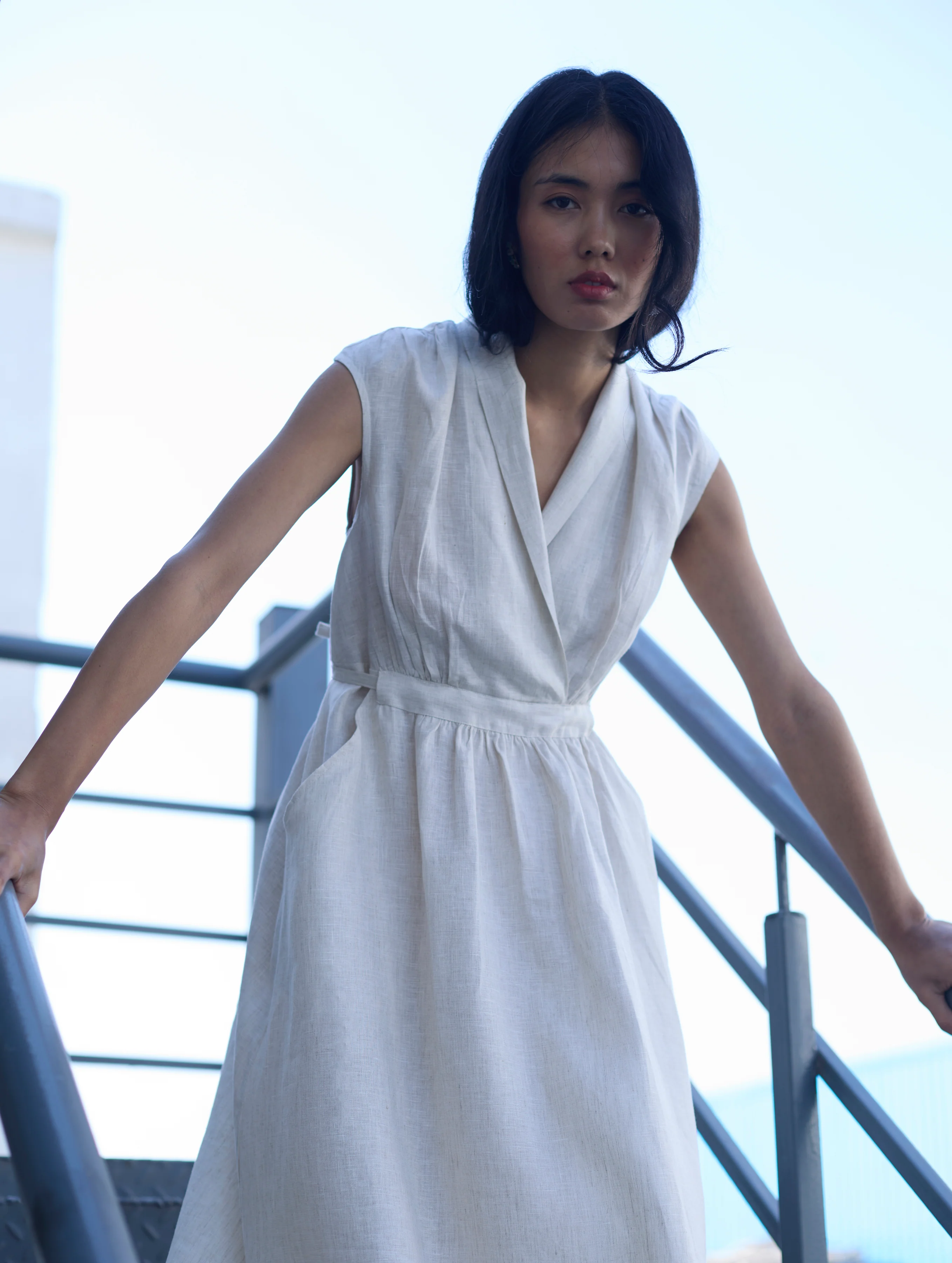 Kara Shawl Collar Linen Dress - Ivory - Image 5