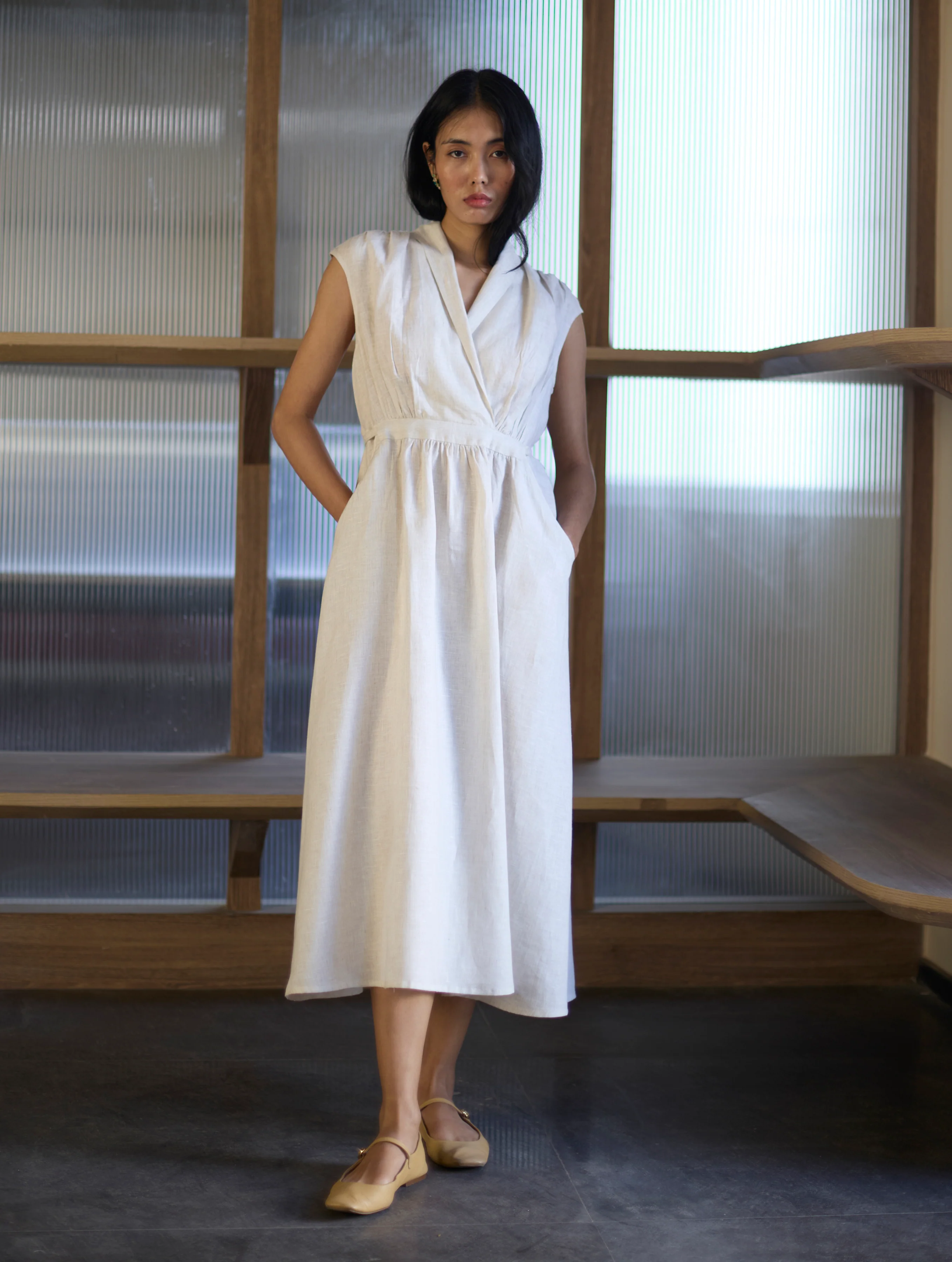 Kara Shawl Collar Linen Dress - Ivory - Image 6