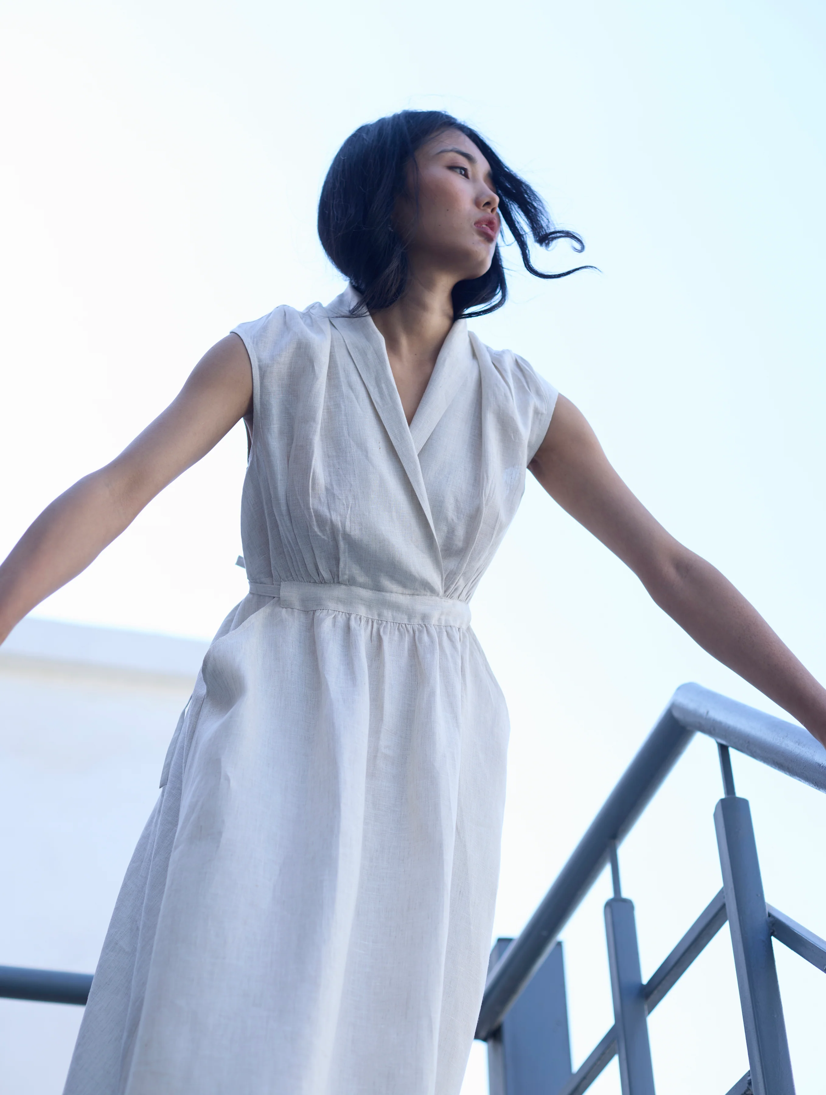 Kara Shawl Collar Linen Dress - Ivory - Image 7