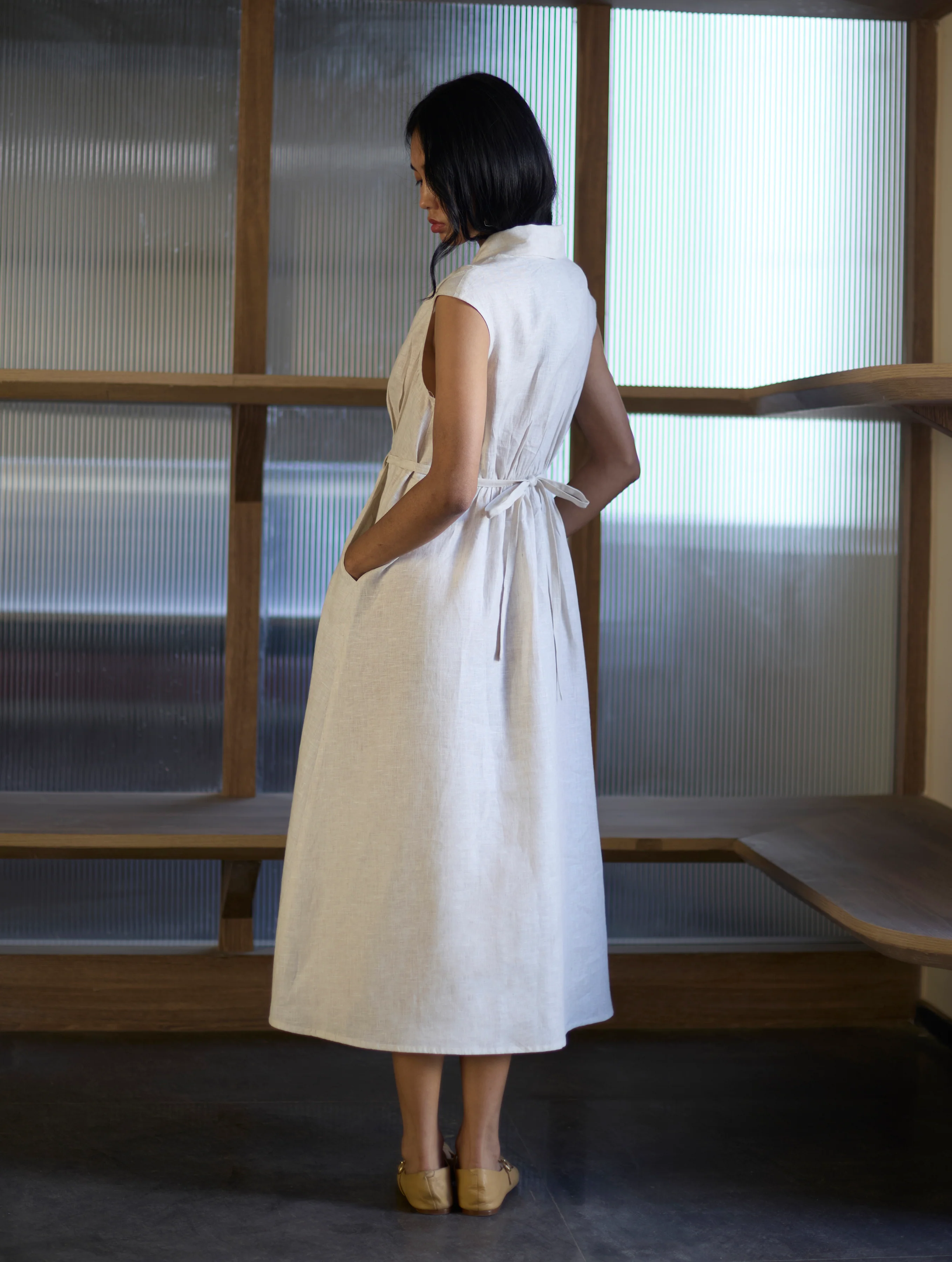 Kara Shawl Collar Linen Dress - Ivory - Image 8