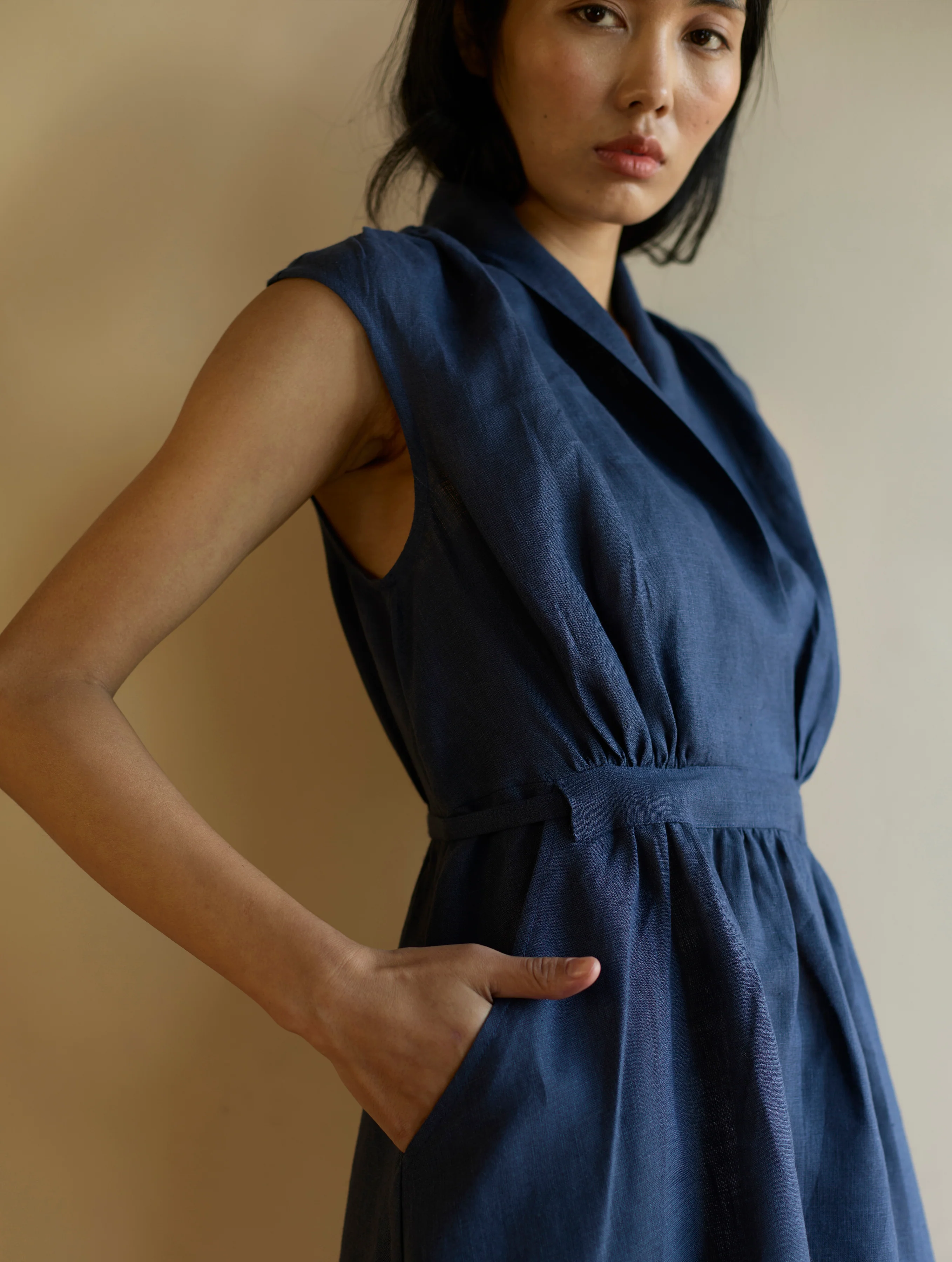 Kara Shawl Collar Linen Dress - Navy - Image 12