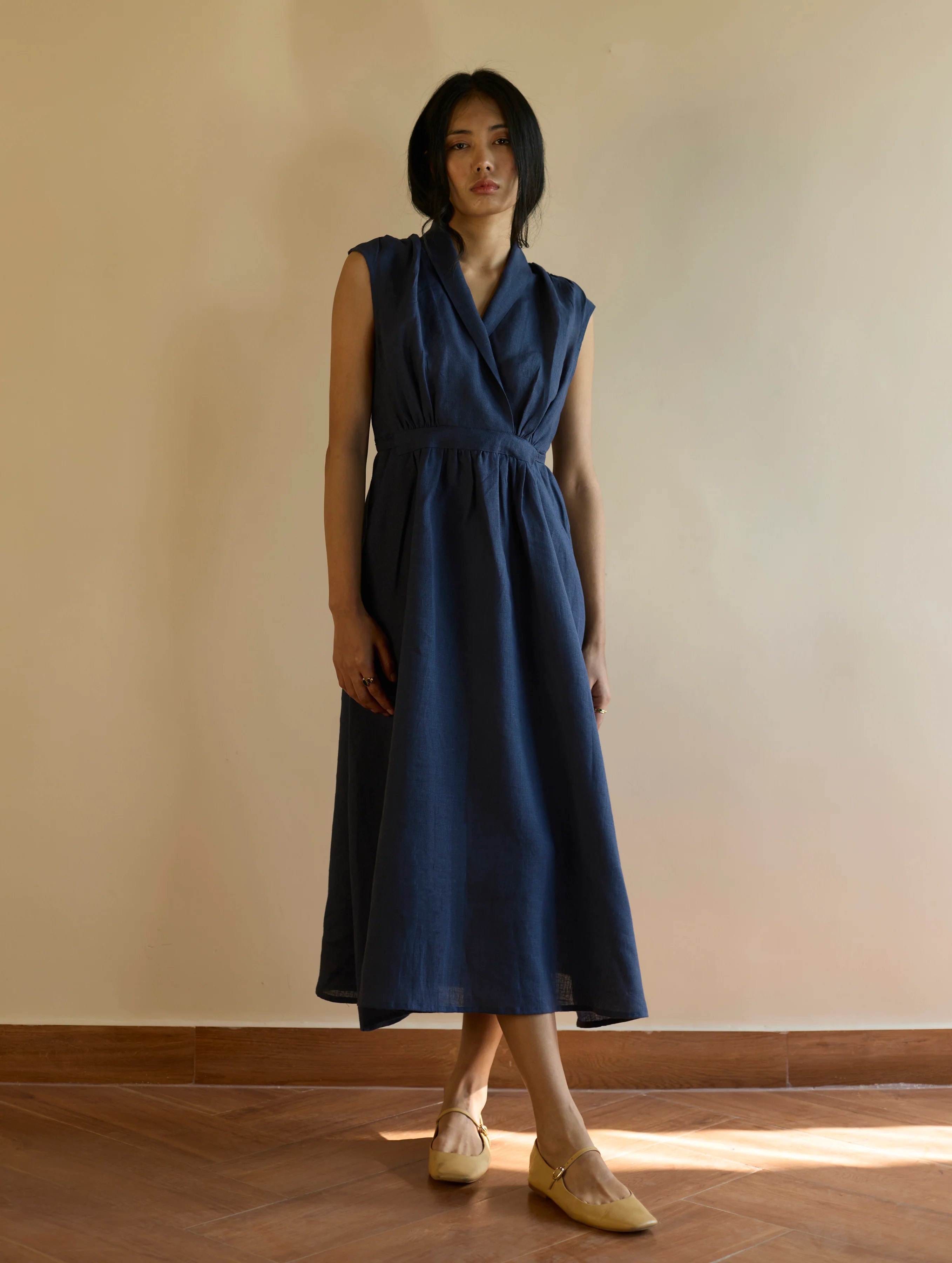 Kara Shawl Collar Linen Dress - Navy - Image 3