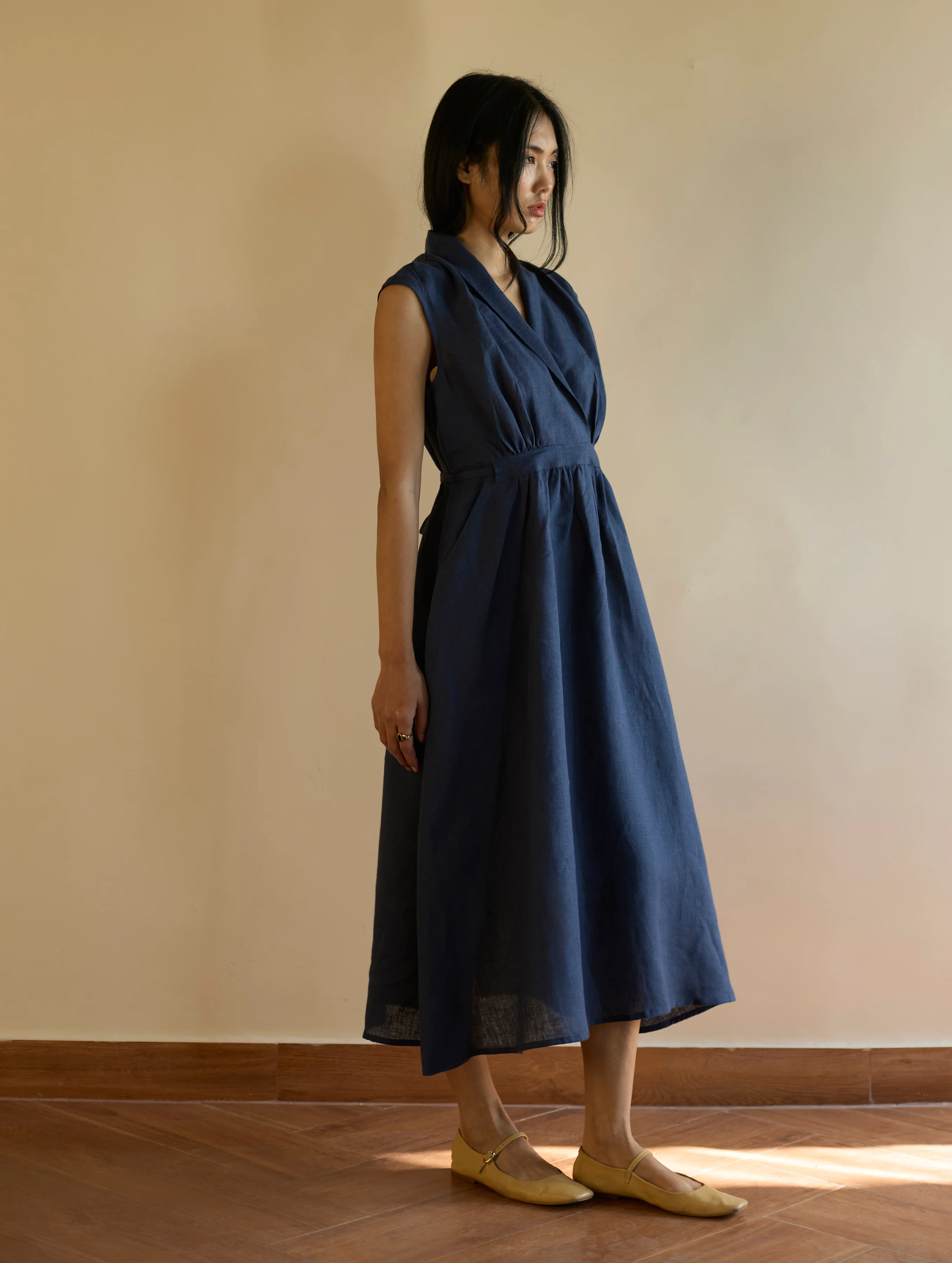 Kara Shawl Collar Linen Dress - Navy - Image 8