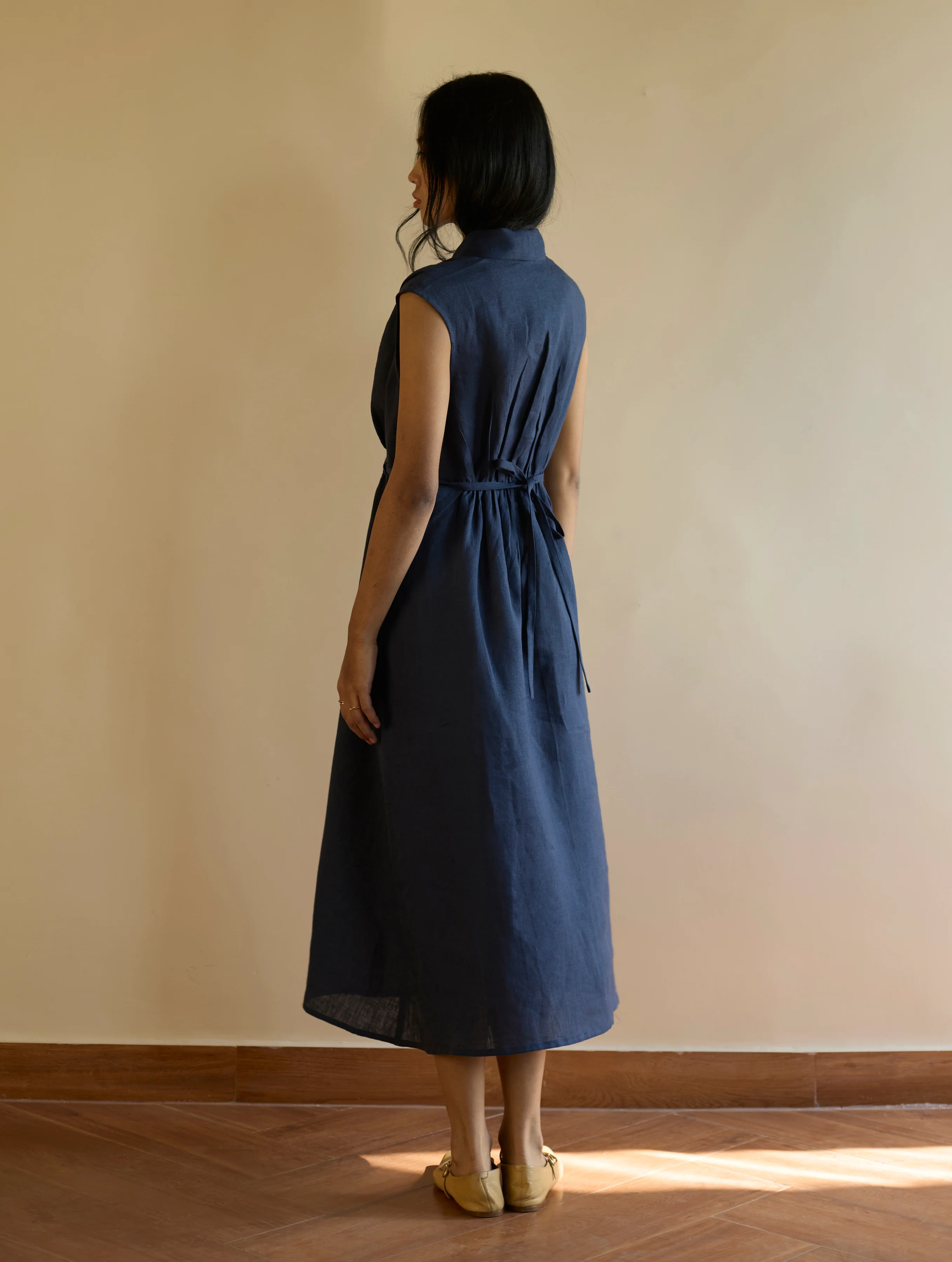 Kara Shawl Collar Linen Dress - Navy - Image 9