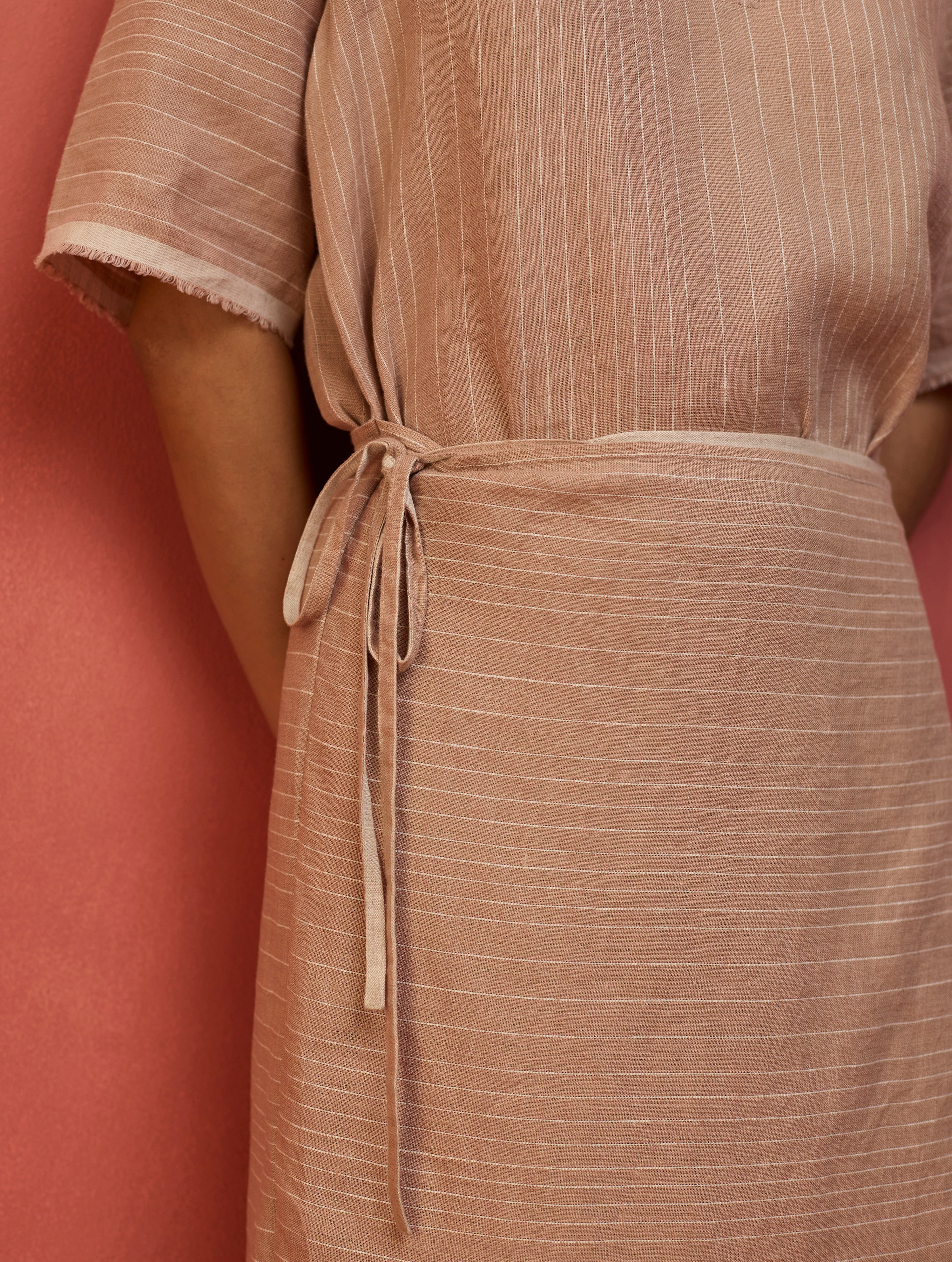 Karo Stripe Linen Wrap Dress - Dusty Rose - Image 2