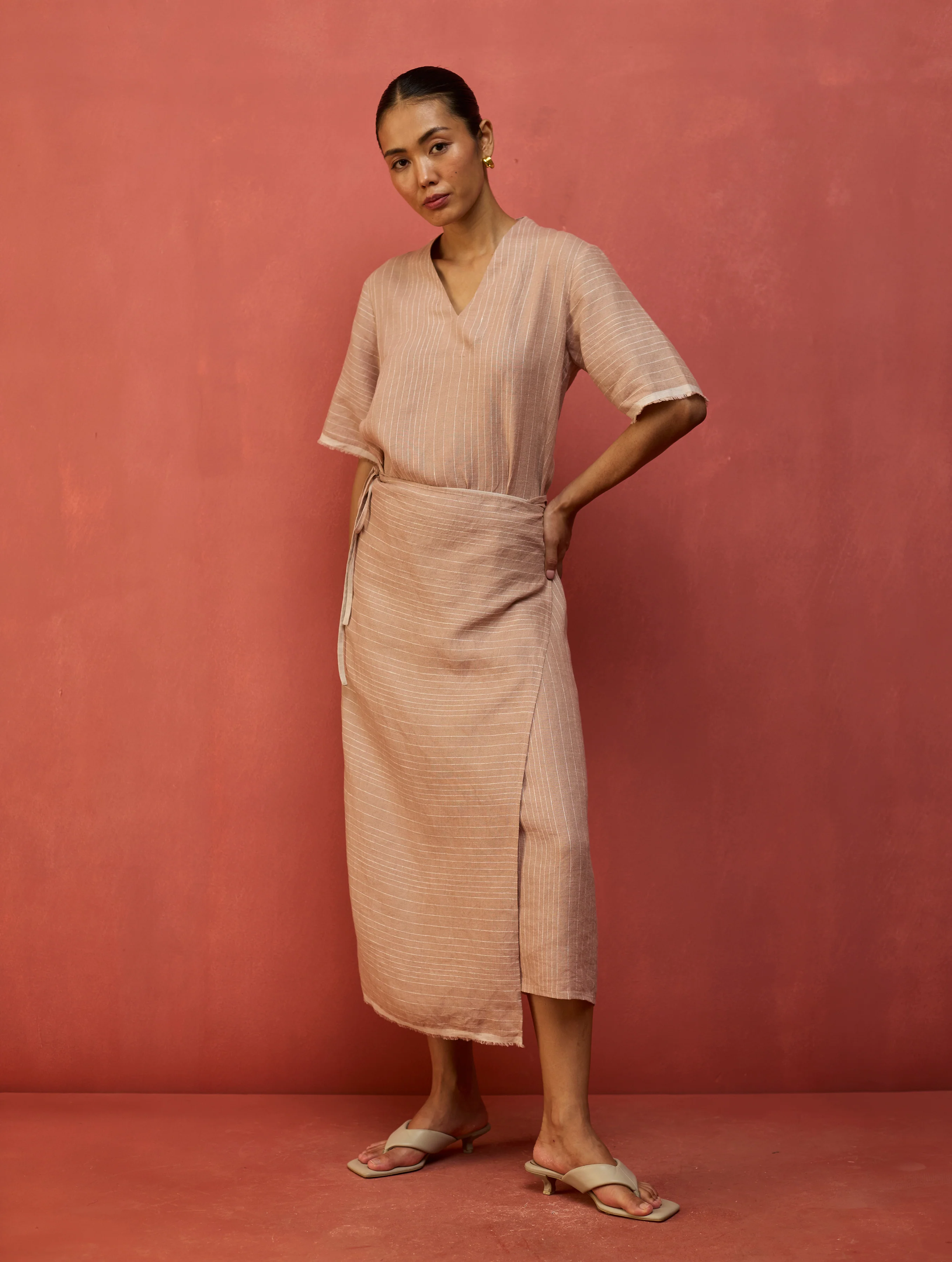 Karo Stripe Linen Wrap Dress - Dusty Rose - Image 6