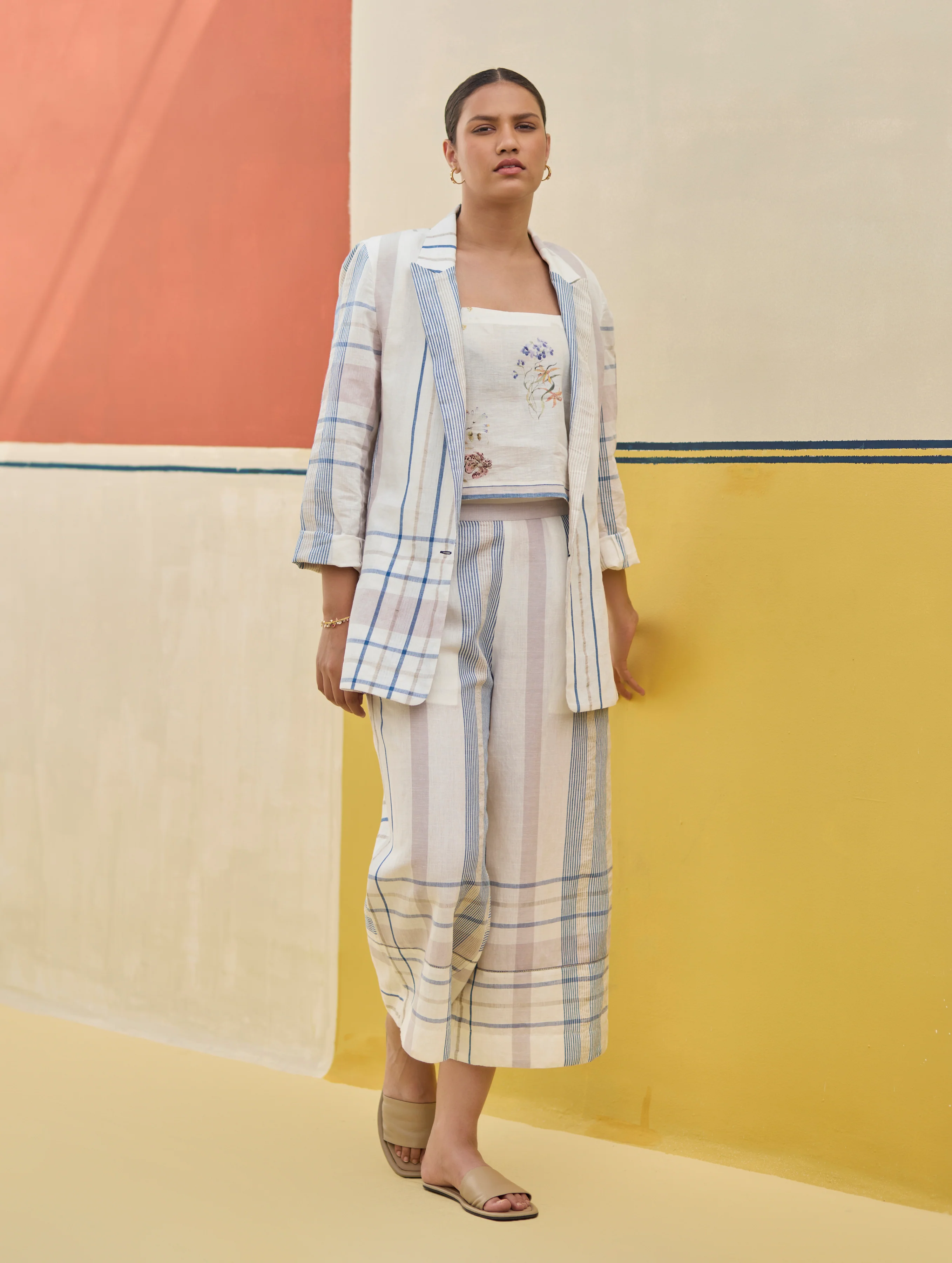Karuna Check Linen Pant - Ivory - Image 3
