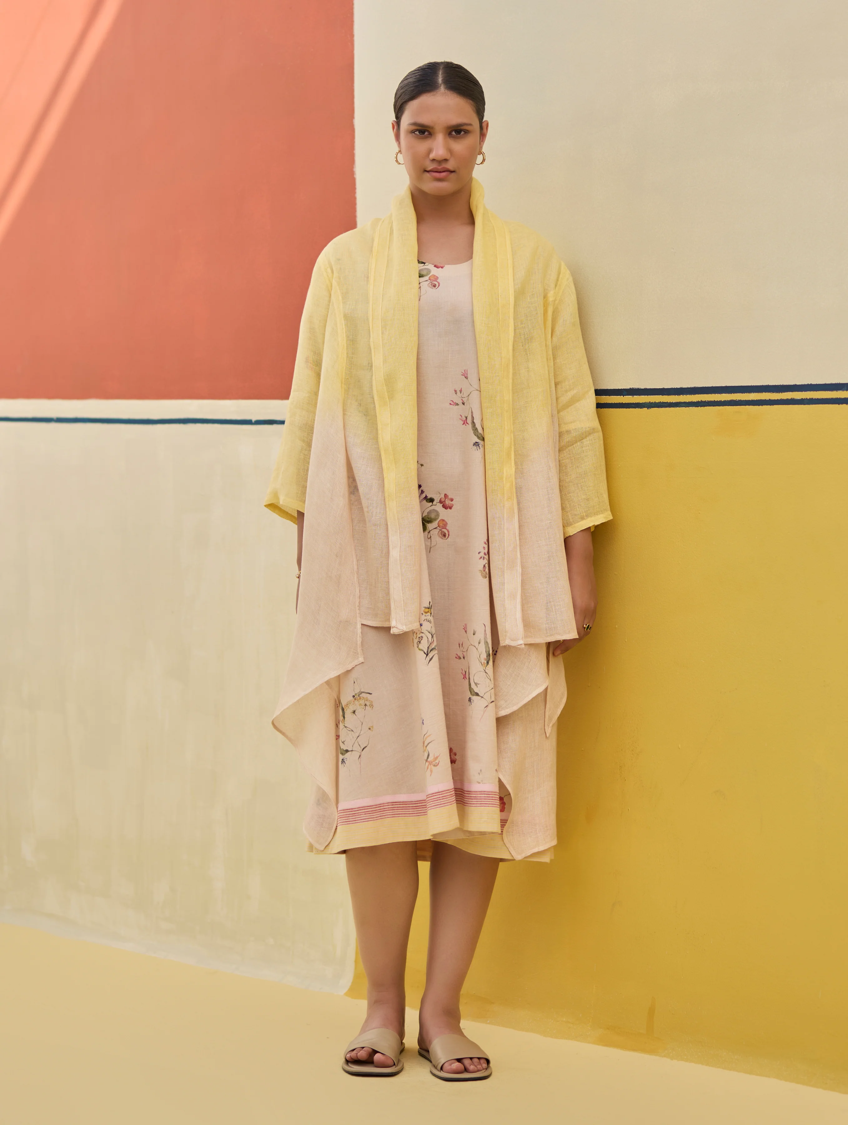 Kaya Floral Linen Dress With Overlay - Sand - Image 3