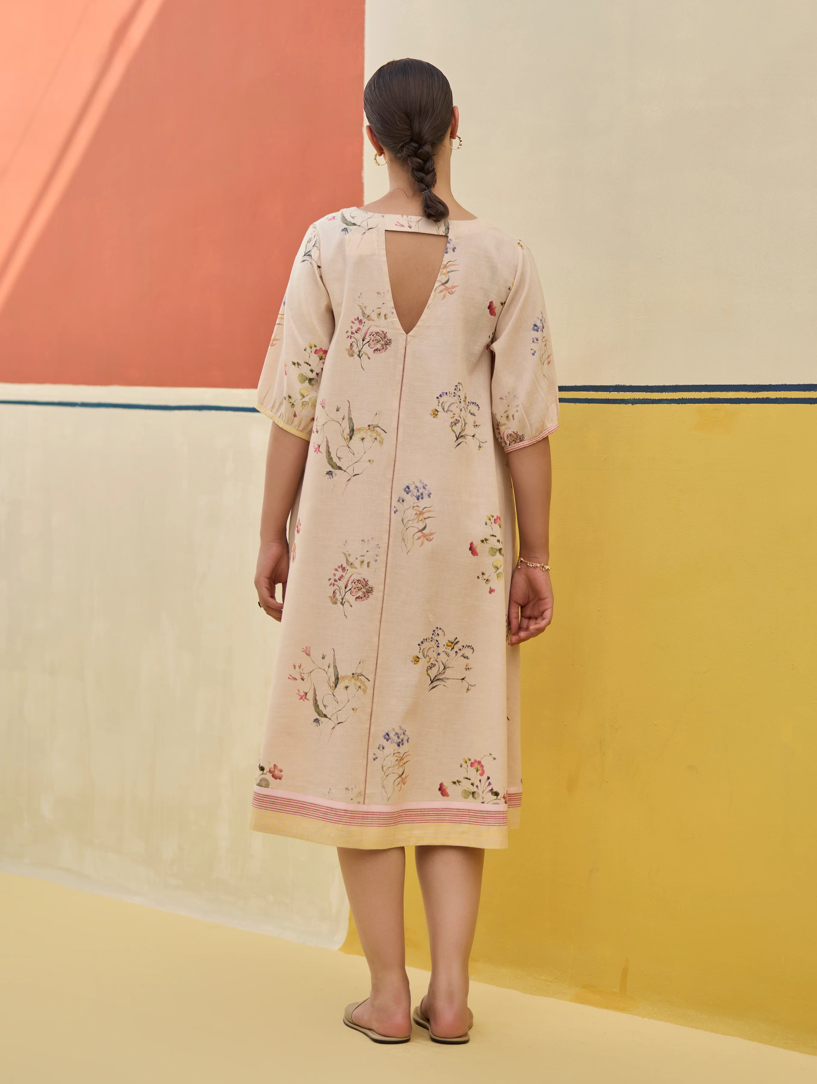 Kaya Floral Linen Dress With Overlay - Sand - Image 7