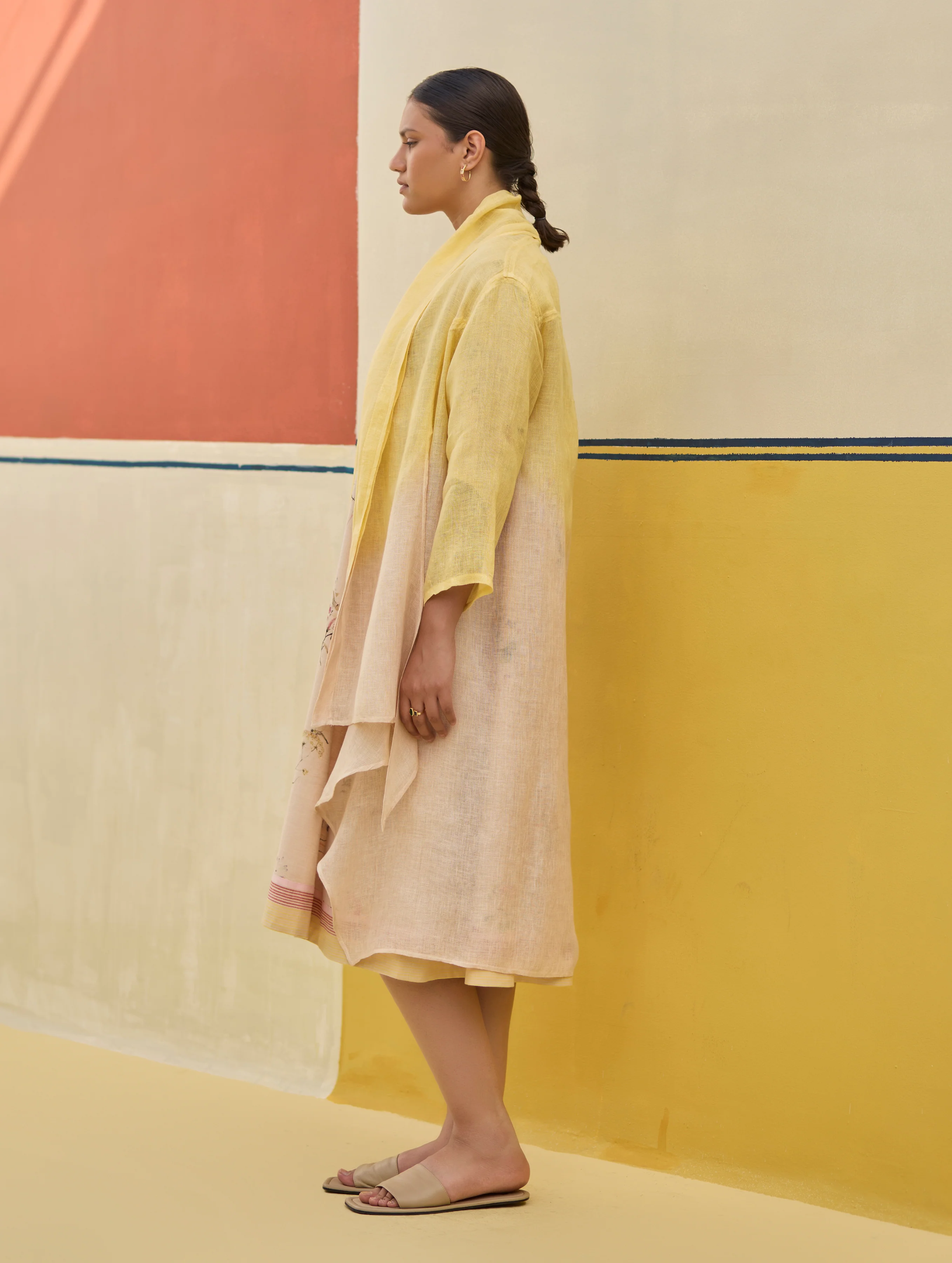 Kaya Floral Linen Dress With Overlay - Sand - Image 8